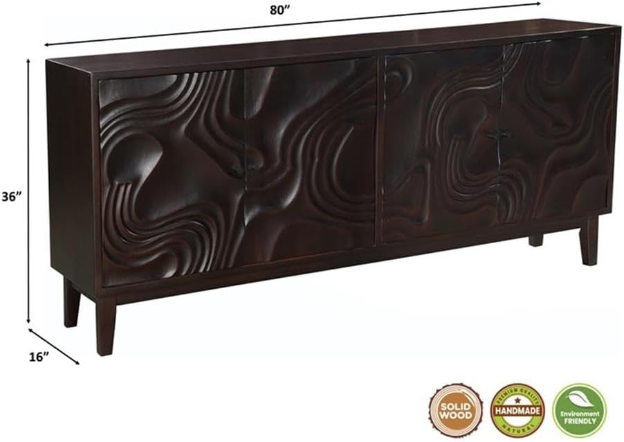 Pemberly Row 4-Door Carved Solid Wood Sideboard in Dark Brown