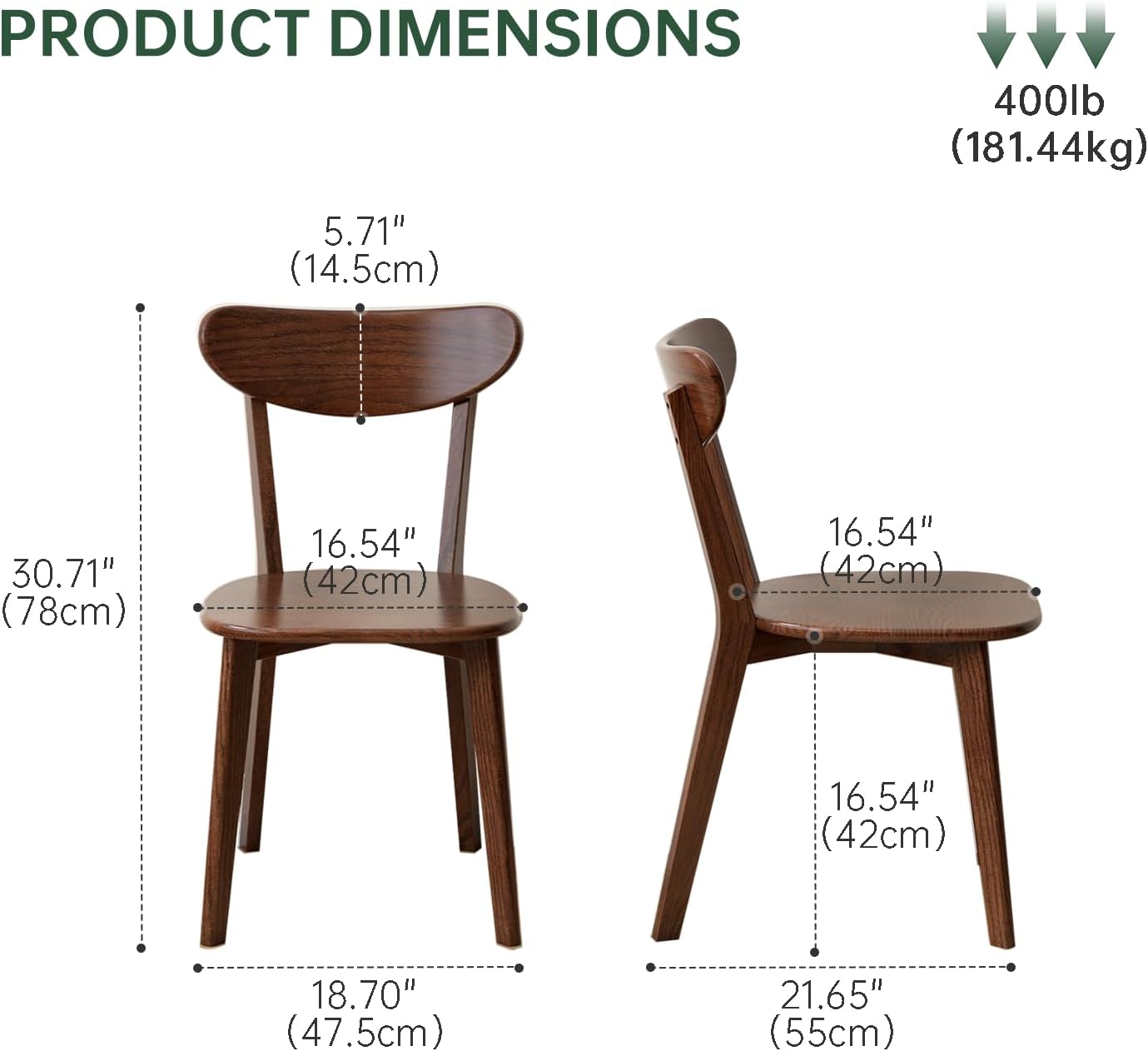 Oak Dining Chairs, Kitchen Chairs, 100% Solid Wood Modern Dinner Chair with Curved Backrest, Dining Room Chair for Kitchen, Living Room, Dining Room (1PK, Walnut)