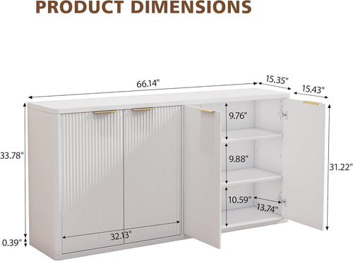 66'' Buffet Cabinet with Metal Handles,4 Doors,Adjustable Shelves,White Large Credenza Storage Cabinet Modern Fluted Sideboard for Dining Room Living Room Kitchen Hallway