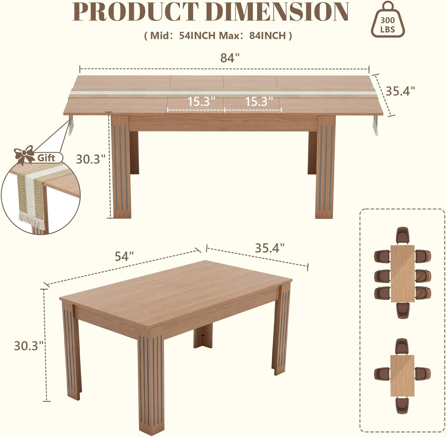 Extendable Dining Table, 54-85 Inch Expandable Table for 4-10 People, Modern Rectangular Dining Table, Space-Saving for Kitchen & Dining Room