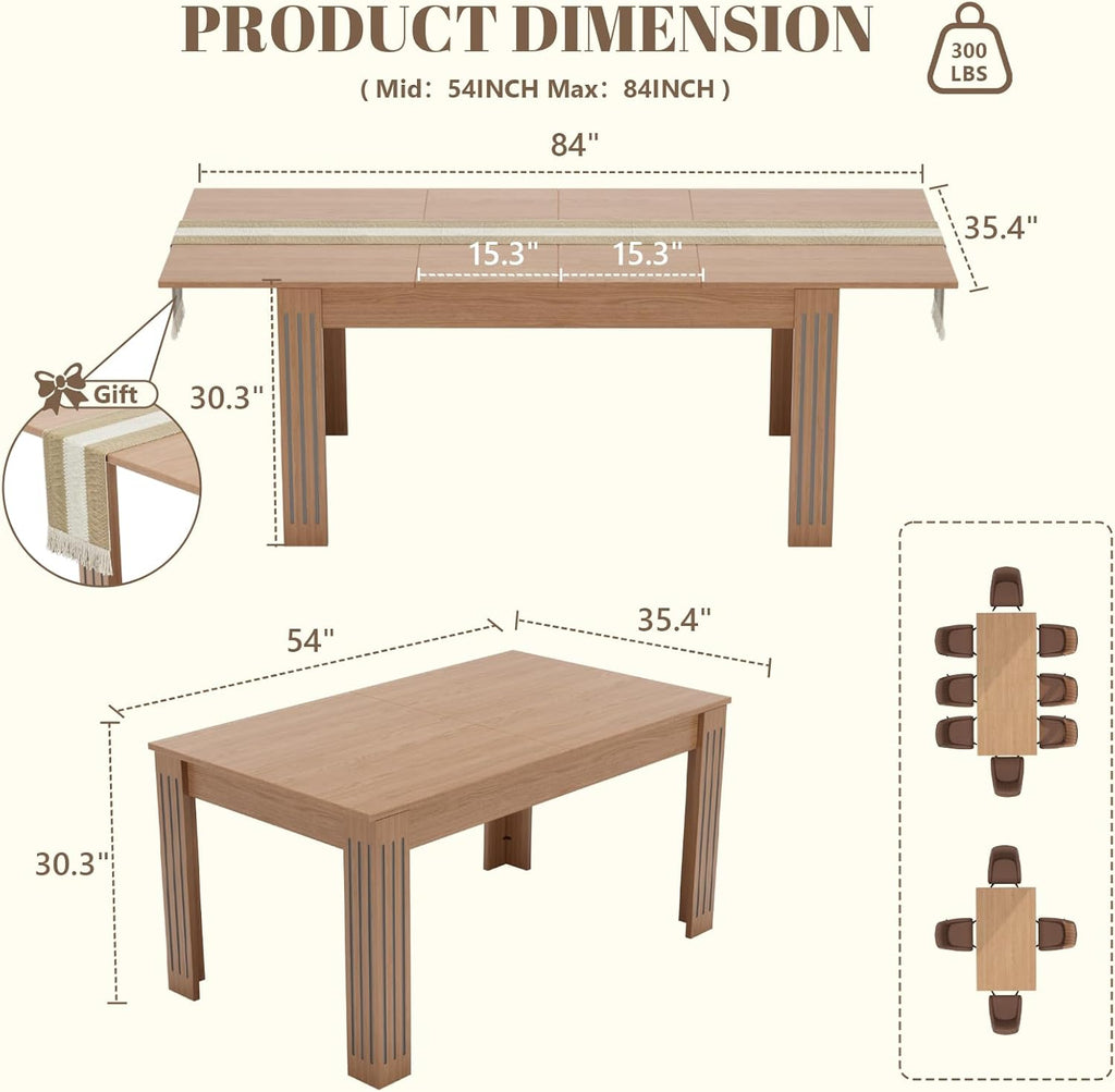Extendable Dining Table, 54-85 Inch Expandable Table for 4-10 People, Modern Rectangular Dining Table, Space-Saving for Kitchen & Dining Room