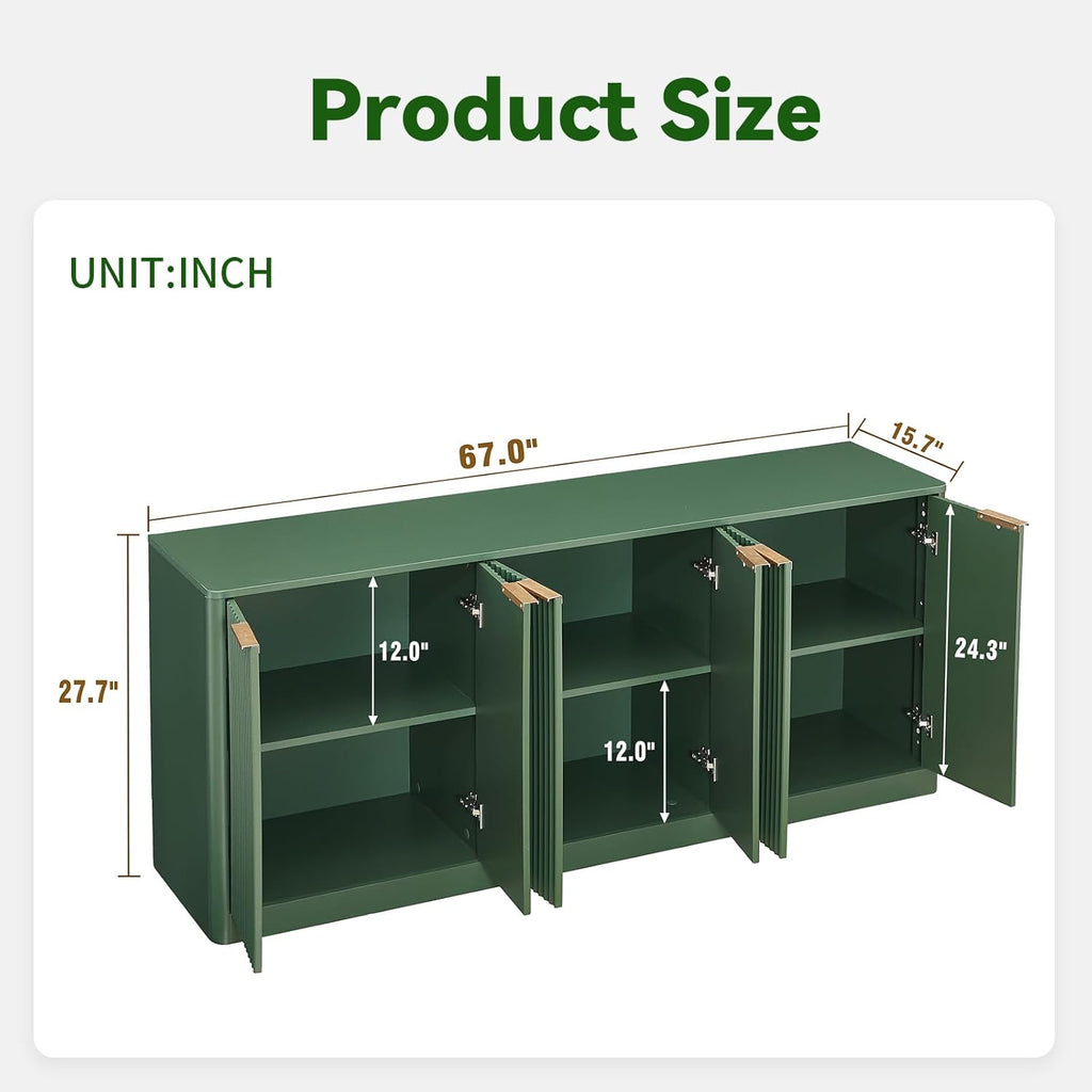 LKTART Sideboard Buffet Cabinet with Storage, 67" Fluted Storage Cabinet with 6 Doors, Wooden Modern Mid Century Accent Sideboard, Floor Cabinet Buffet for Living Room, Kitchen(Green)