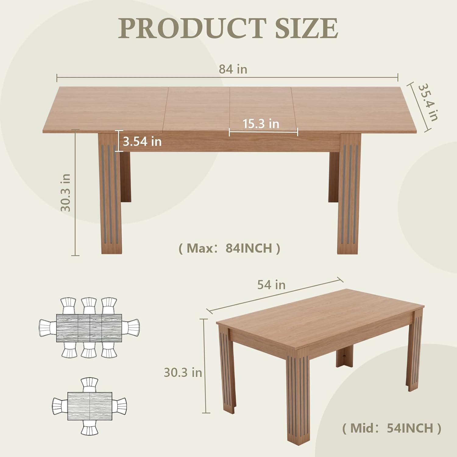 Extendable Table 54"-85", Extendable Dining Table for 4-8, Rectangular Kitchen Dining Table Space Saving, Farmhouse Dining Tables with 95" Runner