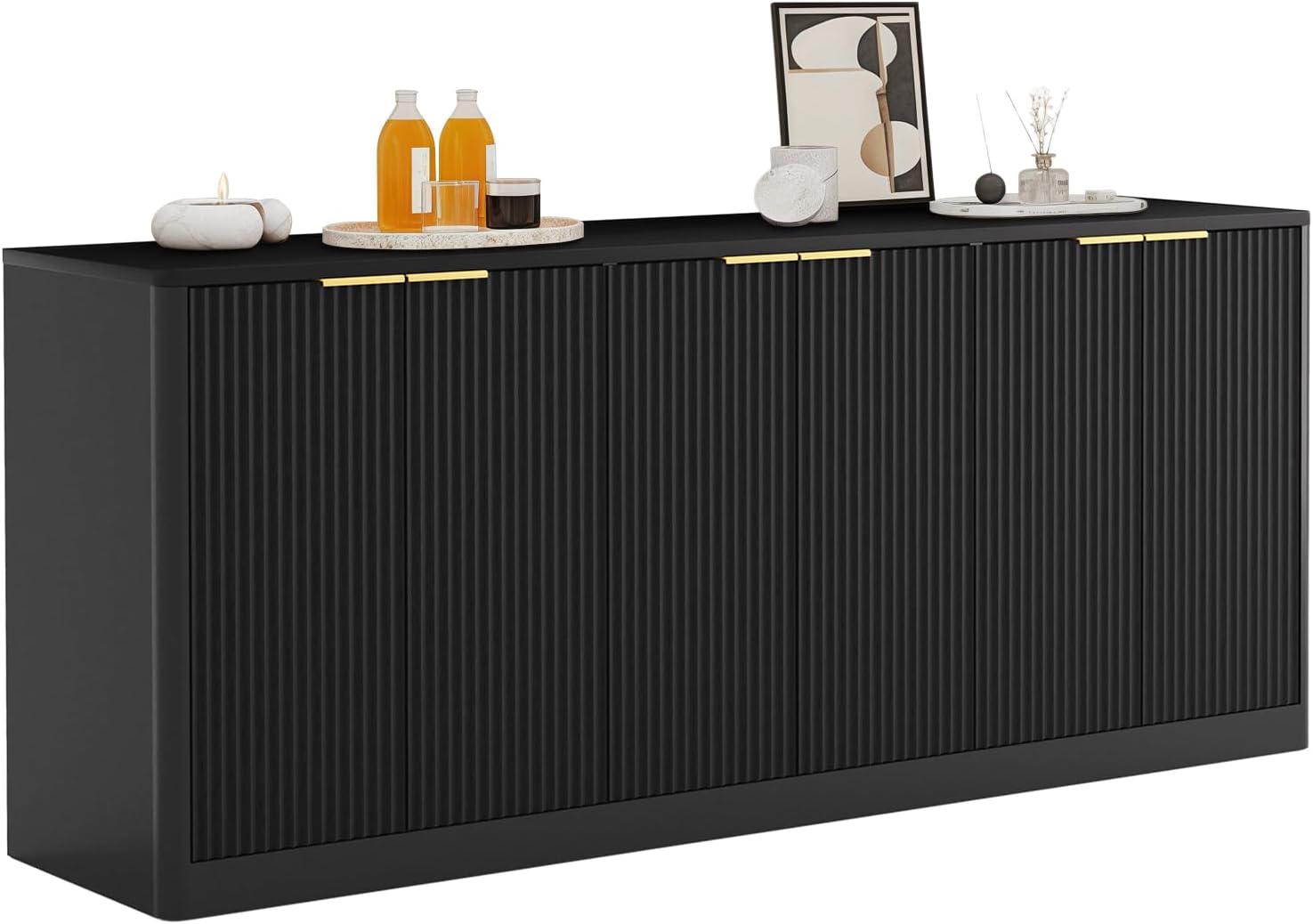 LKTART Sideboard Buffet Cabinet with Storage, 67" Fluted Storage Cabinet with 6 Doors, Wooden Modern Mid Century Accent Sideboard, Floor Cabinet Buffet for Living Room, Kitchen(Green)