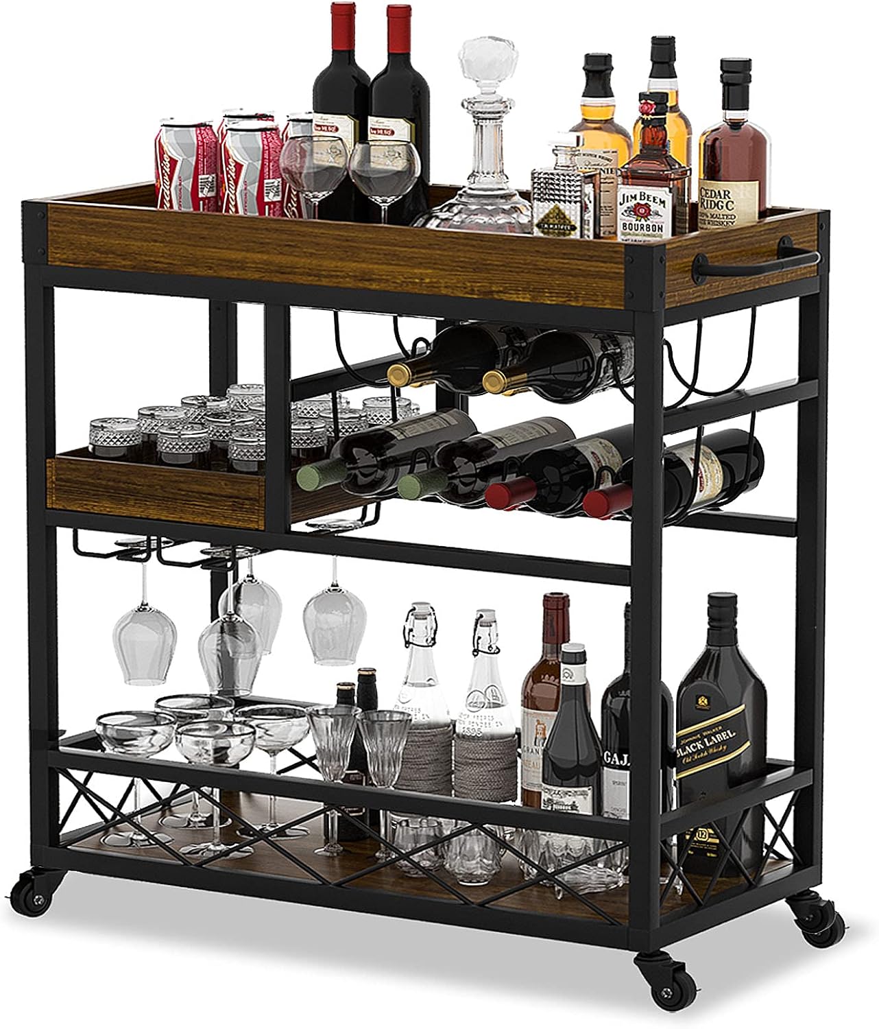 Bar Cart Industrial Mobile Kitchen Serving Carts for Home 3 Tier Storage Trolley with Wine Rack Glasses Holder Two Portable Trays Universal Casters with Brakes Rustic Rolling Cart for Indoor Outdoor