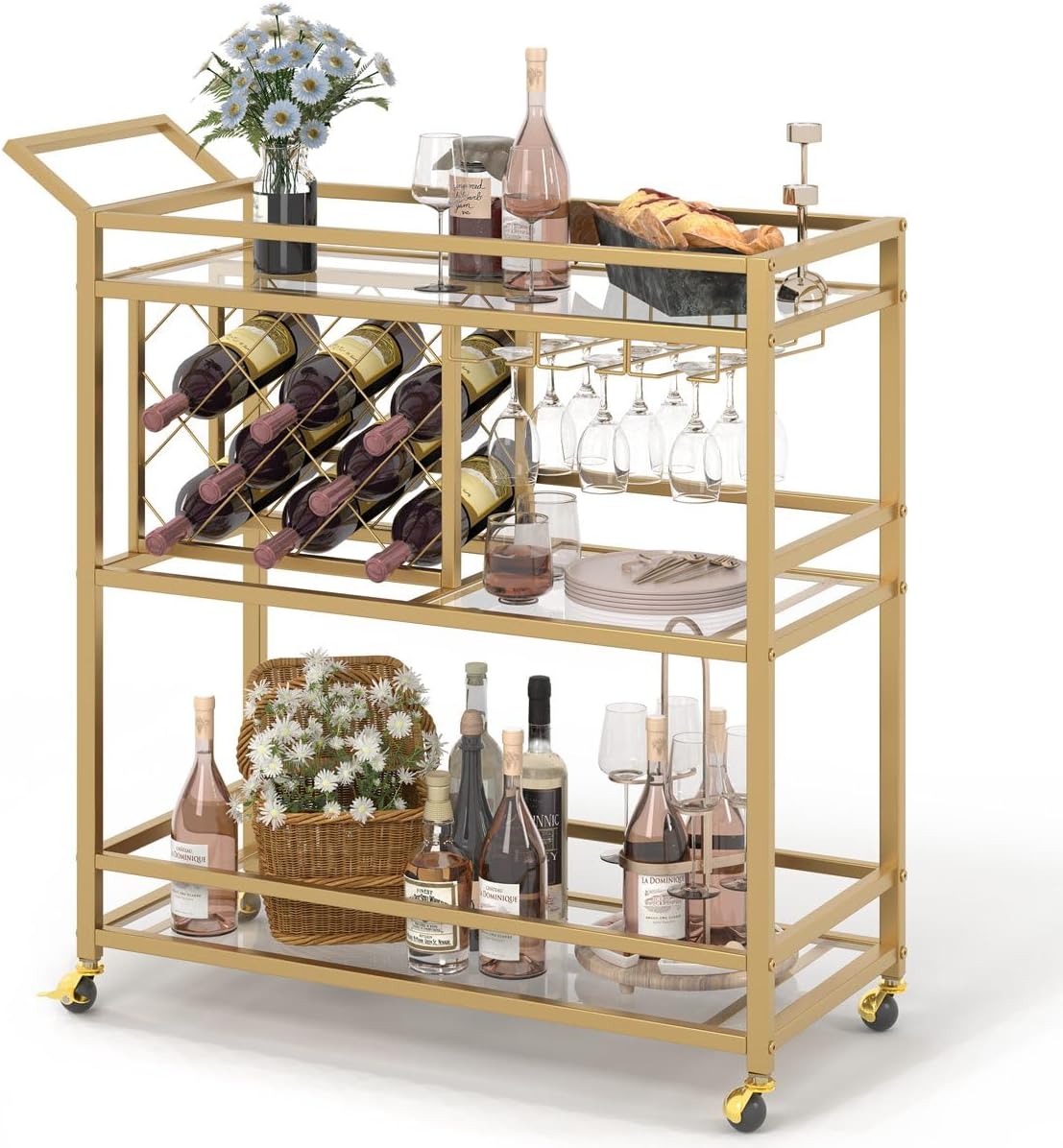 FATORRI Bar Cart for The Home with Wine Rack and Glasses Holder, Small Home Bar Serving Cart on Wheels for Liquor and Alcohol (Walnut Brown)