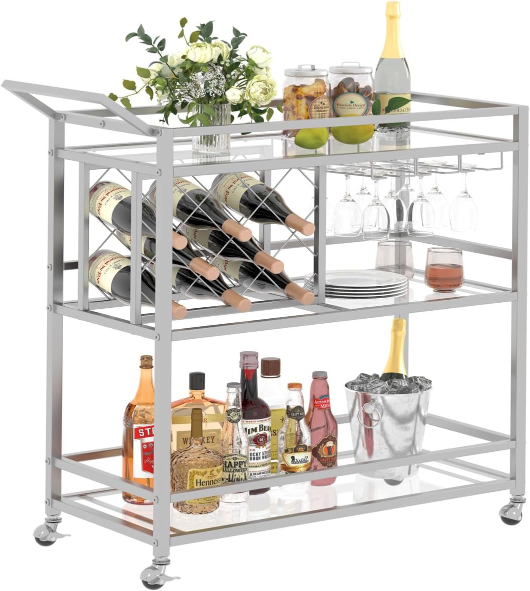 FATORRI Bar Cart for The Home with Wine Rack and Glasses Holder, Small Home Bar Serving Cart on Wheels for Liquor and Alcohol (Walnut Brown)