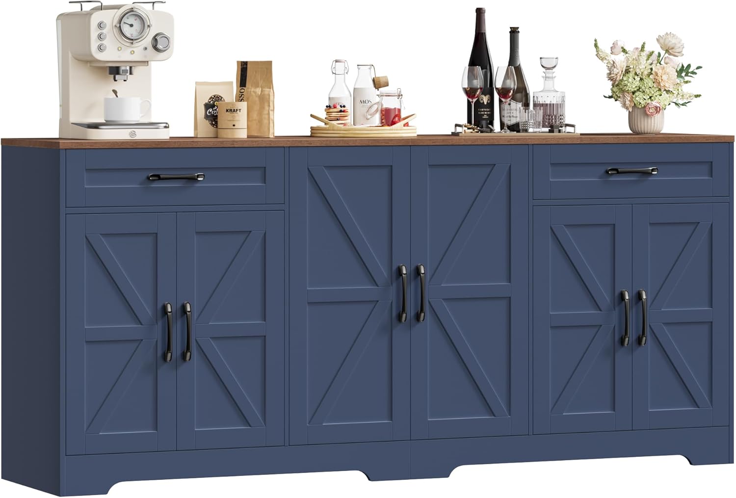 71” Large Sideboard Buffet Cabinet with Storage, Farmhouse Kitchen Buffet Cabinet with Adjustable Shelves and 6 Barn Doors, Wood Coffee Wine Bar Console Table for Kitchen, Dining Room, White