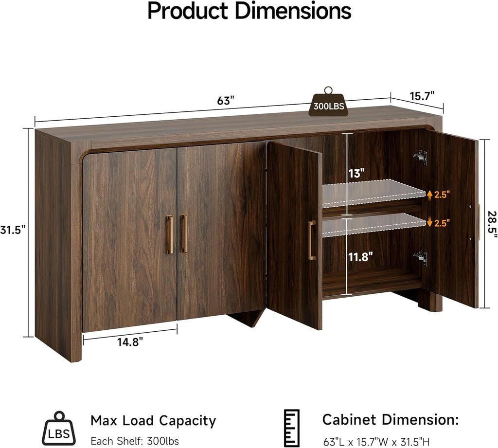 ONBRILL 63" Buffet Cabinet with 4 Doors and Adjustable Shelves, Sideboard Buffet Cabinet with Storage, Wood Kitchen Console Table, Modern Coffee Bar for Kitchen, Living Room, Hallway (Walnut)