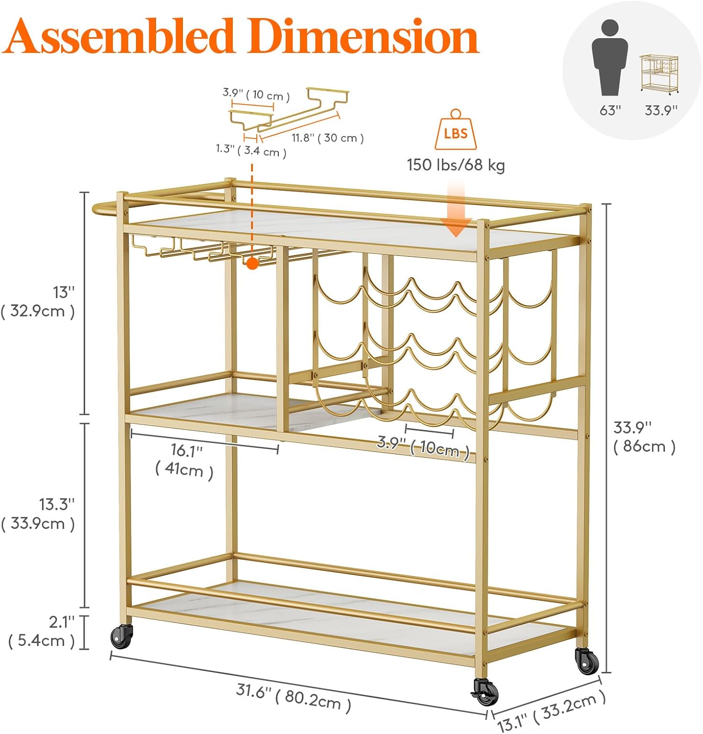 Lifewit Bar Cart for The Home, 3 Tier Drink Cart with Lockable Wheels, 12 Wine Rack and 3 Rows Glass Holders, Liquor Serving Cart for Livingroom, 80 x 33.2 x 86 cm/31.6 x 13.1 x 33.9 inch Gold