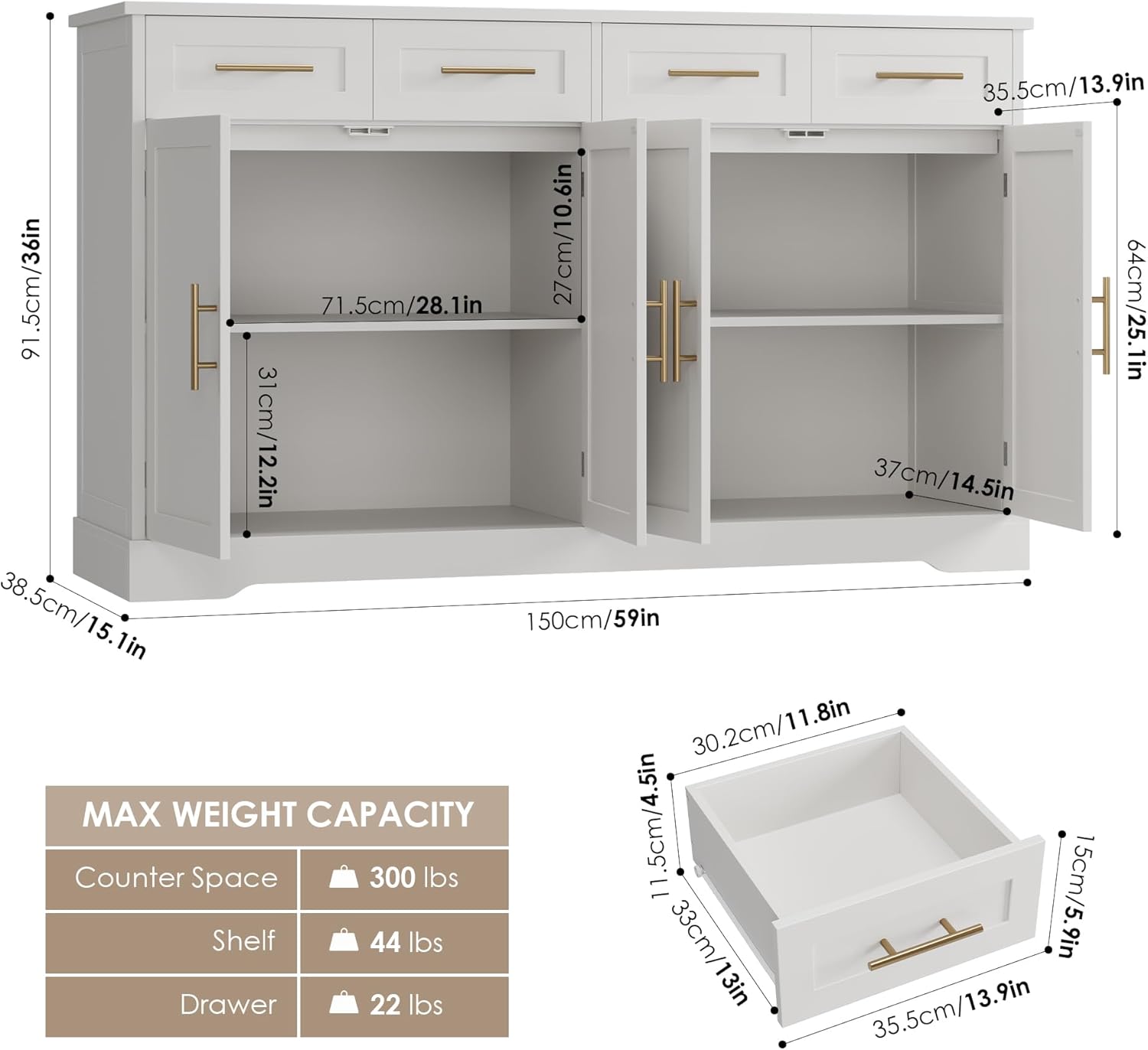 HOSTACK 60" Large Buffet Sideboard with Storage, 36" Tall Kitchen Buffet Storage Cabinet with 4 Drawers, Modern Coffee Bar Cabinet with Gold Handles, Long Sideboard Buffet Table for Kichen, White