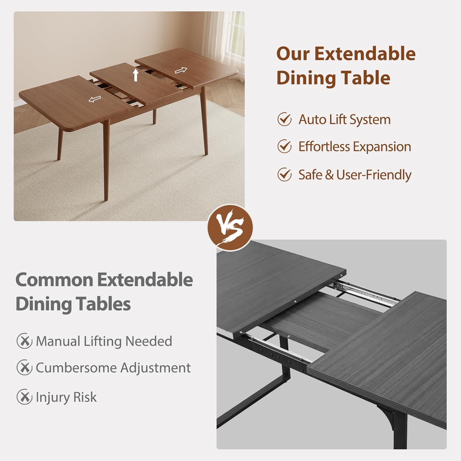 Solid Wood Extendable Dining Table for 4-8 People with Seamless Extension from 47.2 to 63 Inches, Easy Assembly, Expandable Tables for Small Spaces, Dining Room, Kitchen, Living Room, Walnut