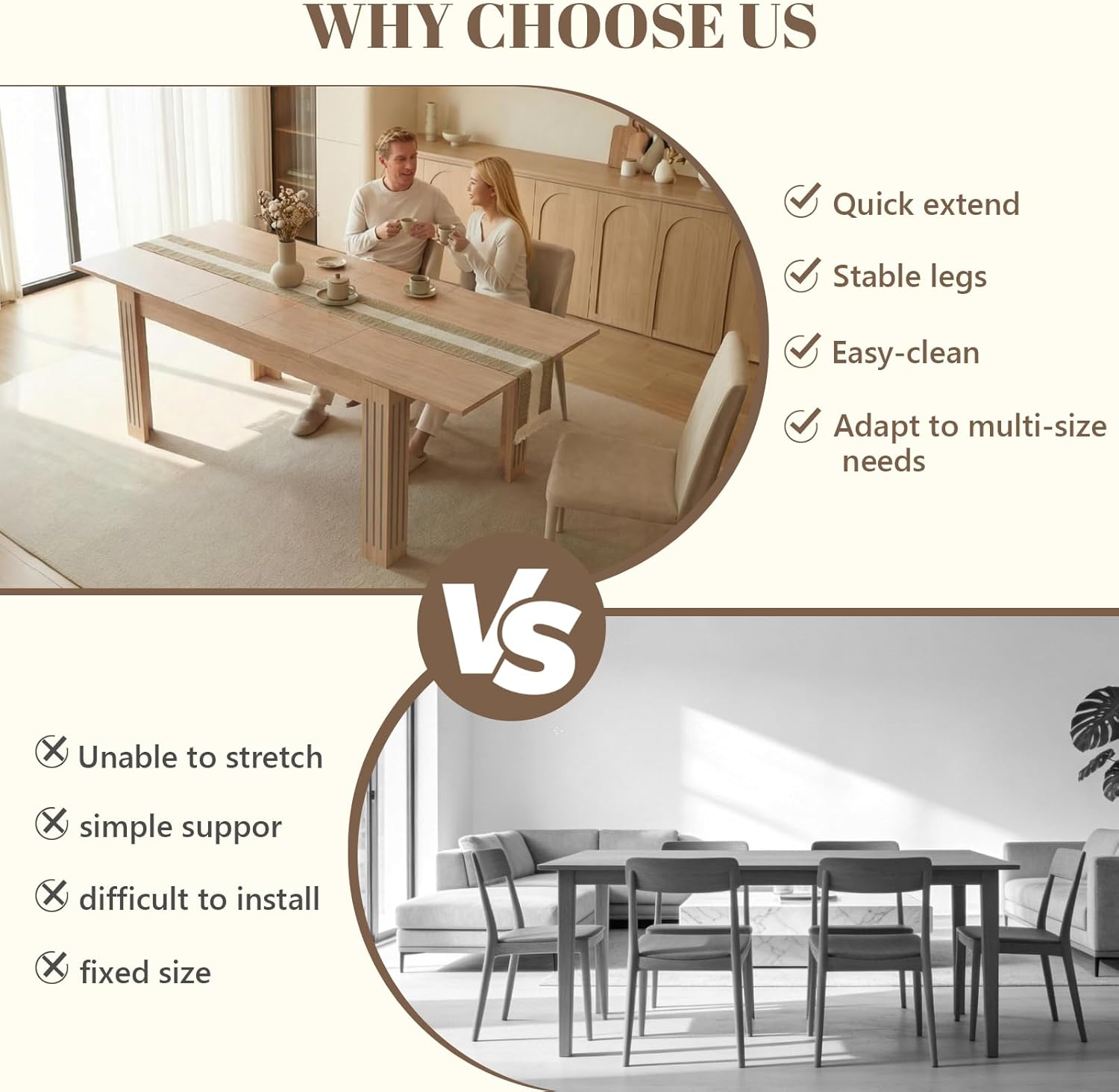 Extendable Dining Table, 54-85 Inch Expandable Table for 4-10 People, Modern Rectangular Dining Table, Space-Saving for Kitchen & Dining Room