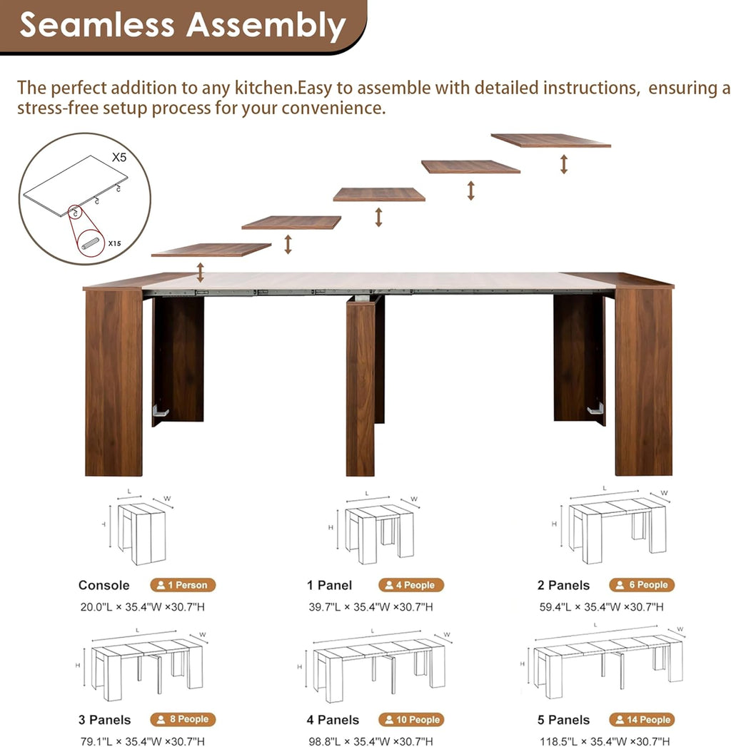 DMAITH 20"-118" Extendable Dining Table for 2-12 People, Modern Modular Extension Table, Space-Saving Extra Long Folding Dining Table, Multifunctional Conference Meeting Table, Walnut