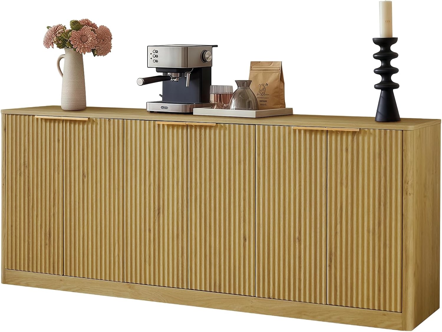 LKTART Sideboard Buffet Cabinet with Storage, 67" Fluted Storage Cabinet with 6 Doors, Wooden Modern Mid Century Accent Sideboard, Floor Cabinet Buffet for Living Room, Kitchen(Green)