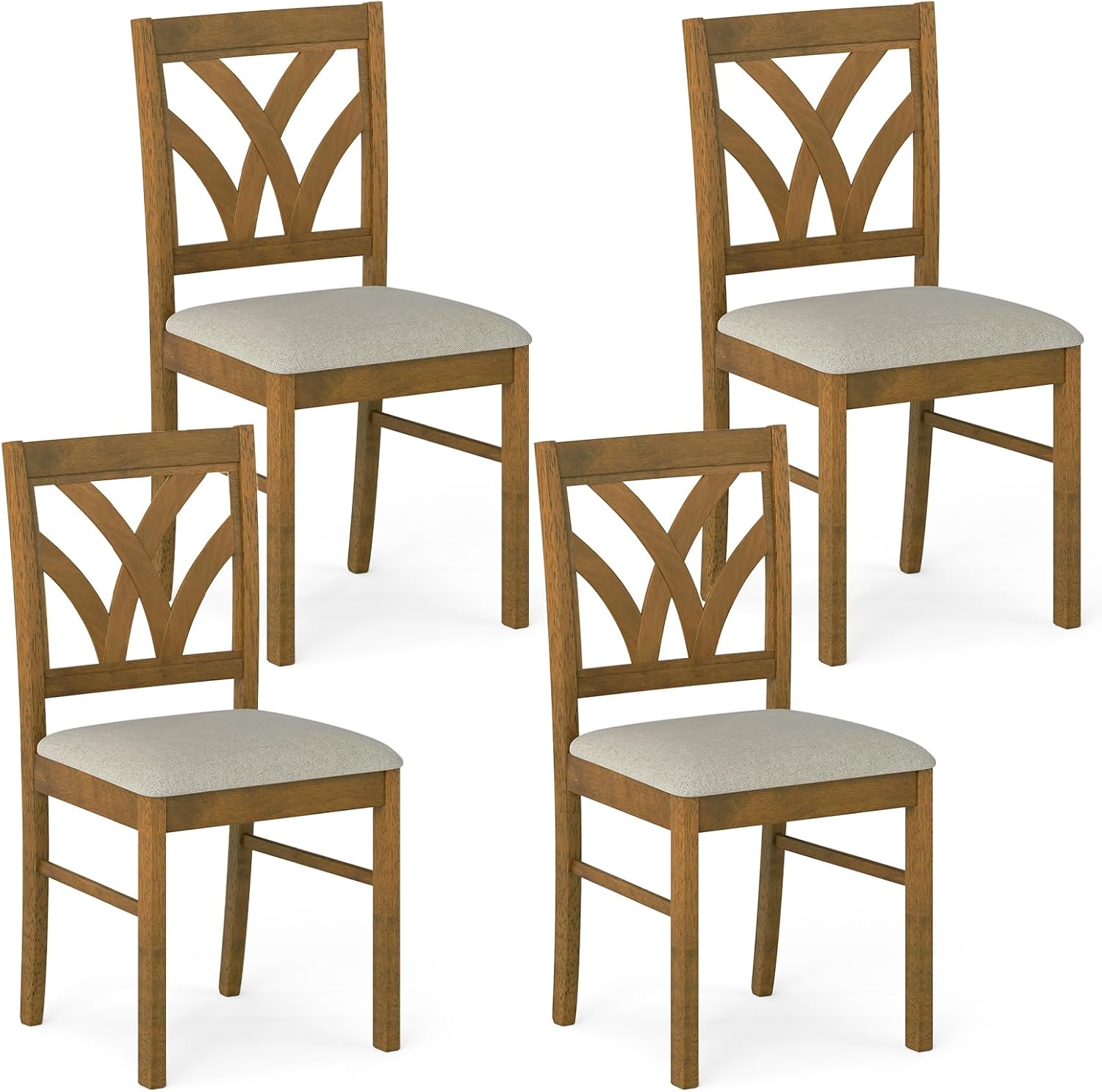 Giantex Wooden Dining Chairs Set of 4, Farmhouse Upholstered Kitchen Chairs with Solid Rubber Wood Frame, Hollowed Backrest & Soft Padded Seat, Armless Accent Side Chairs for Dining Room, Brown