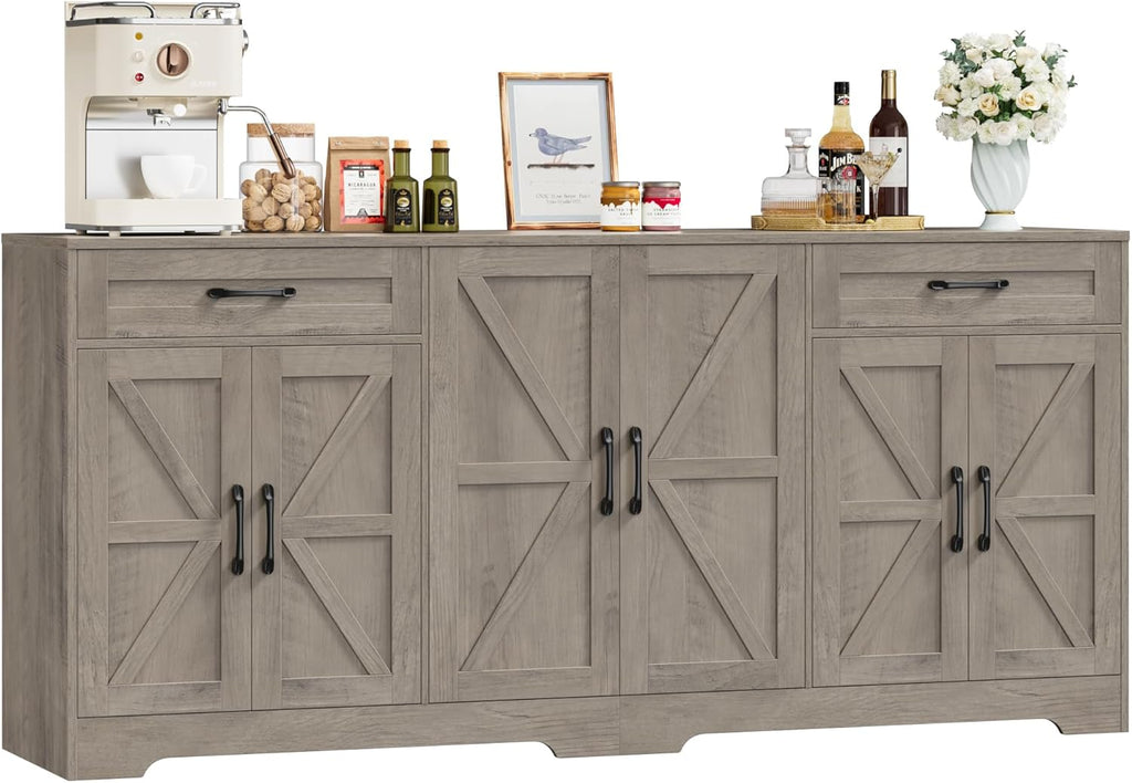 71” Large Sideboard Buffet Cabinet with Storage, Farmhouse Kitchen Buffet Cabinet with Adjustable Shelves and 6 Barn Doors, Wood Coffee Wine Bar Console Table for Kitchen, Dining Room, White