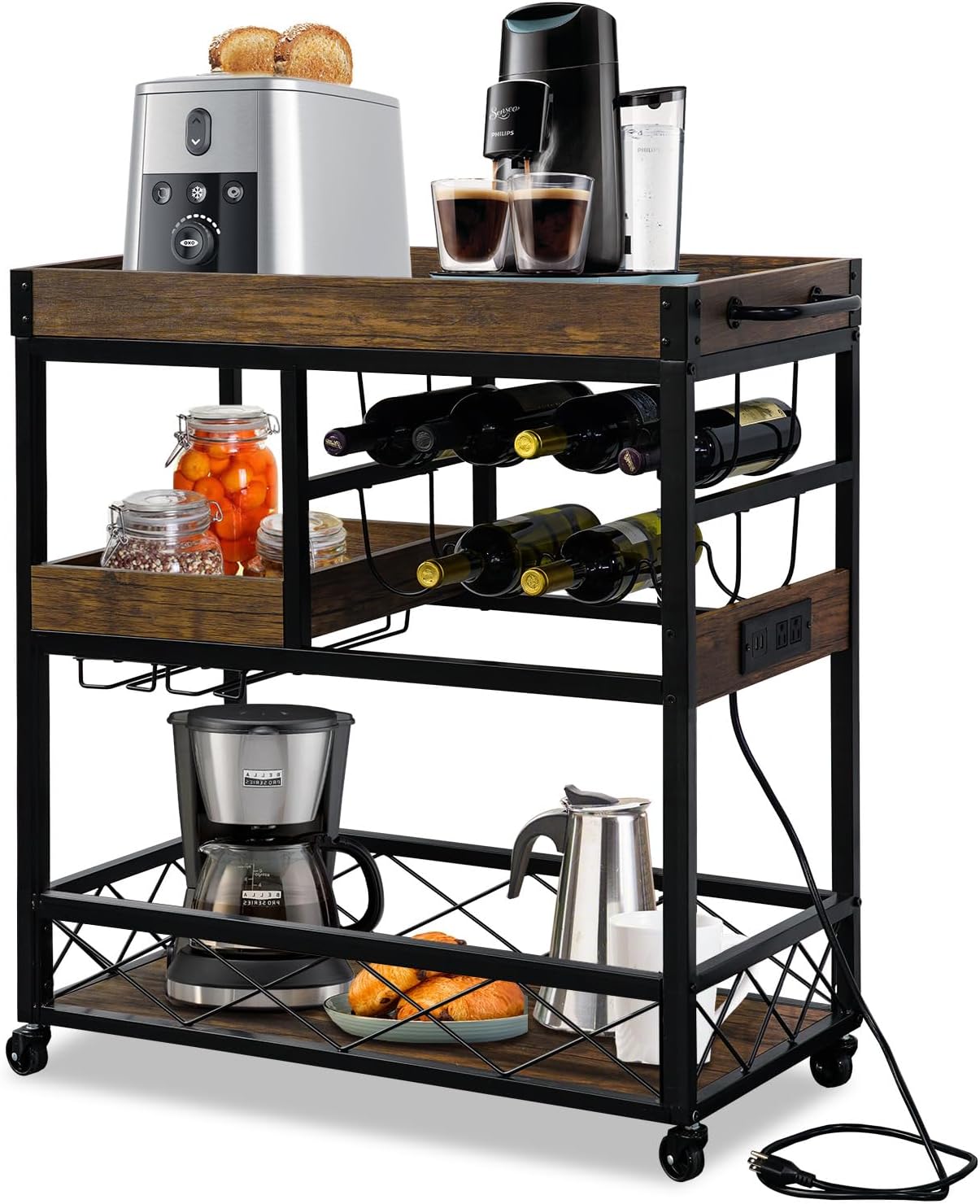 Bar Cart Industrial Mobile Kitchen Serving Carts for Home 3 Tier Storage Trolley with Wine Rack Glasses Holder Two Portable Trays Universal Casters with Brakes Rustic Rolling Cart for Indoor Outdoor