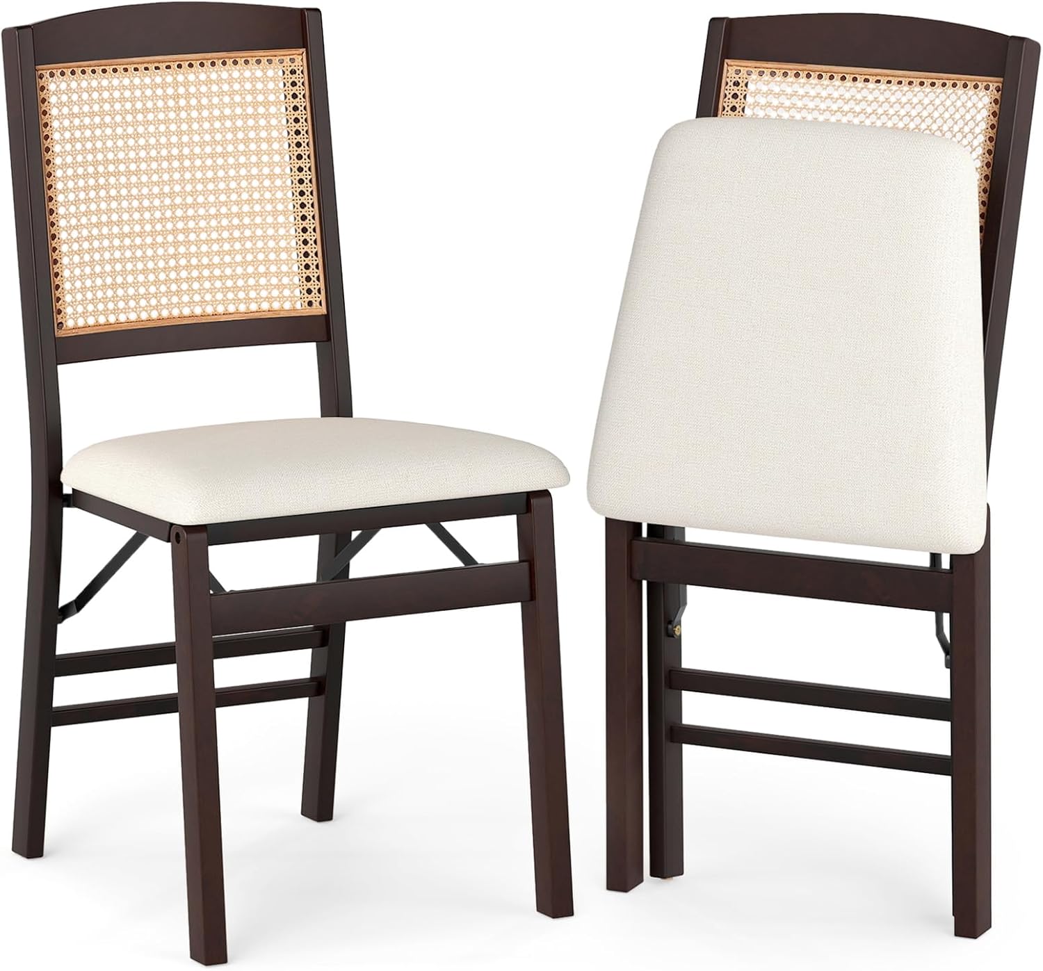KOTEK Folding Dining Chairs Set of 4, Wooden Kitchen Chairs with Padded Seat & Rattan Backrest, Foldable Armless Side Chairs for Dining Room, Living Room (Espresso & Beige)