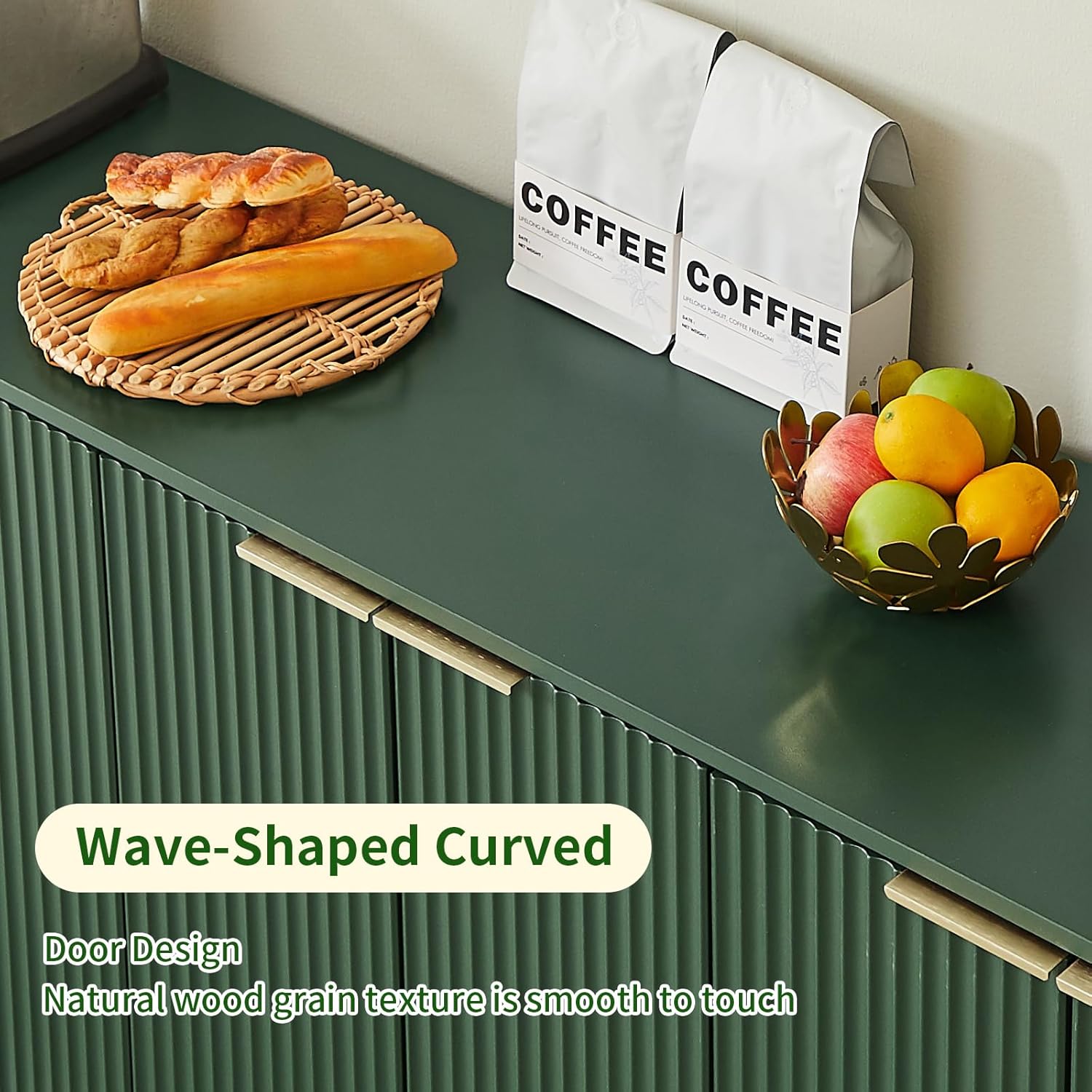 LKTART Sideboard Buffet Cabinet with Storage, 67" Fluted Storage Cabinet with 6 Doors, Wooden Modern Mid Century Accent Sideboard, Floor Cabinet Buffet for Living Room, Kitchen(Green)