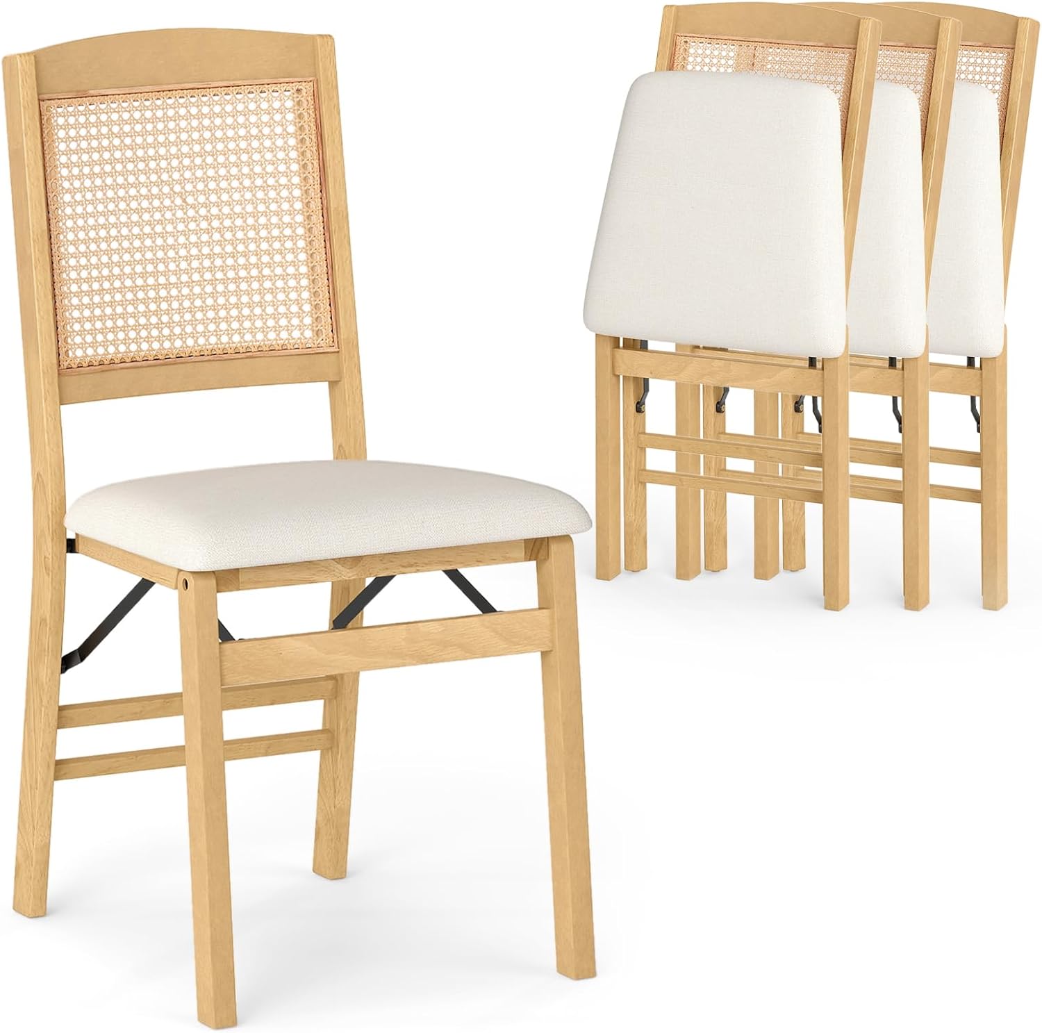 KOTEK Folding Dining Chairs Set of 4, Wooden Kitchen Chairs with Padded Seat & Rattan Backrest, Foldable Armless Side Chairs for Dining Room, Living Room (Espresso & Beige)
