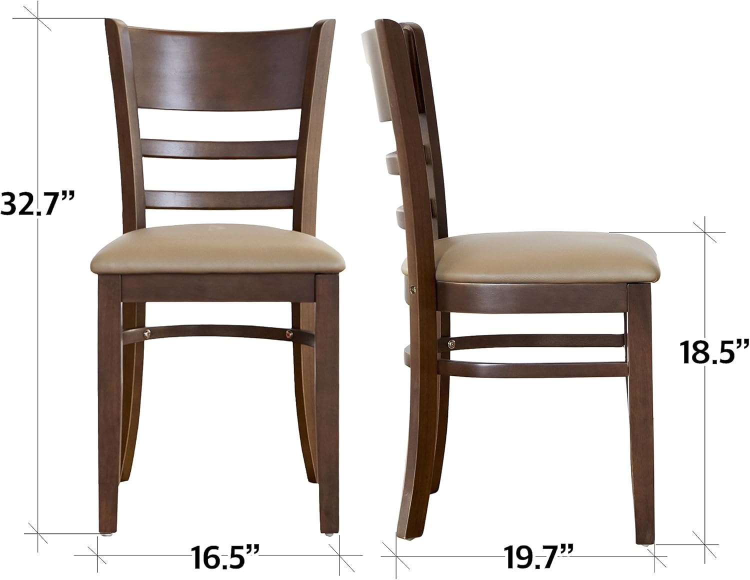 Livinia Cabin Dining Chair Set of 2, Solid Malaysian Oak PU Leather Upholstered Cushion Seat Wooden Ladder Back Side Chairs (Walnut) Assembly Required