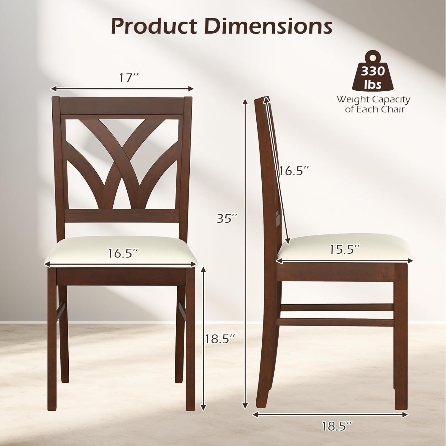 Giantex Wooden Dining Chairs Set of 4, Farmhouse Upholstered Kitchen Chairs with Solid Rubber Wood Frame, Hollowed Backrest & Soft Padded Seat, Armless Accent Side Chairs for Dining Room, Brown