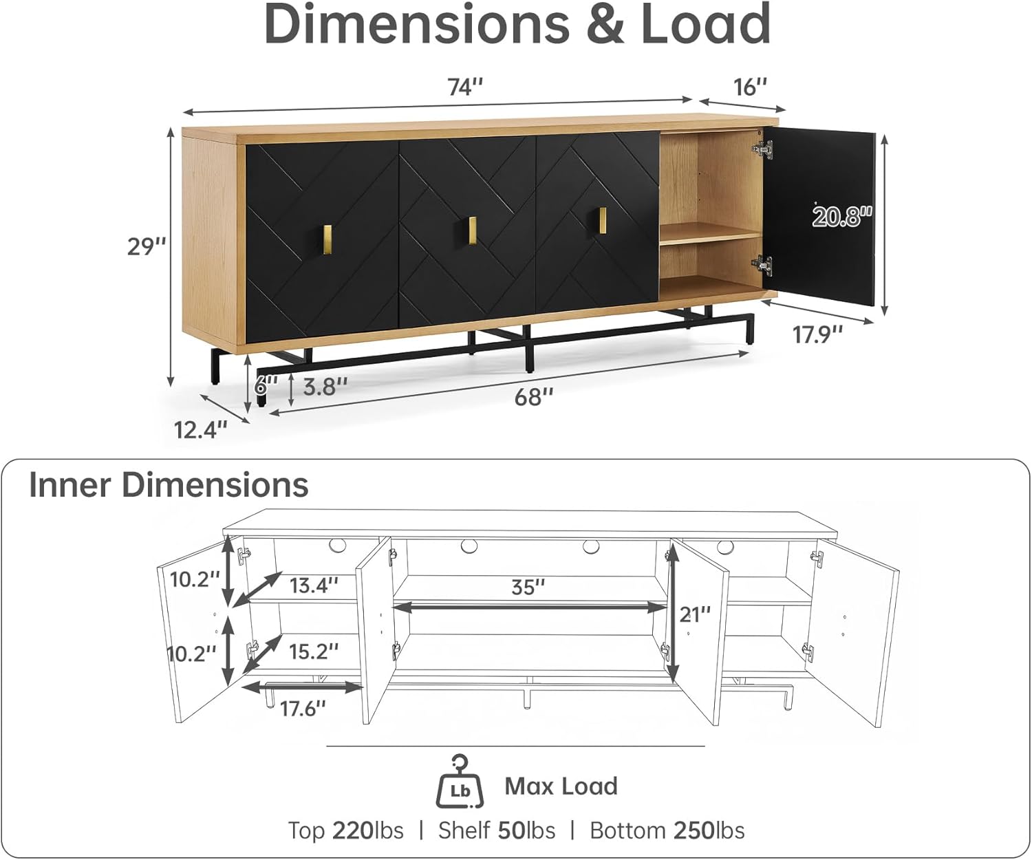 Morden Fort 74'' Modern Diamond-Cut Sideboard Buffet Cabinet | Sculptural Geometric Credenza with 150 LBS Heavy-Duty Storage | Natural Wood Look Console for Dining Room & Living Room.