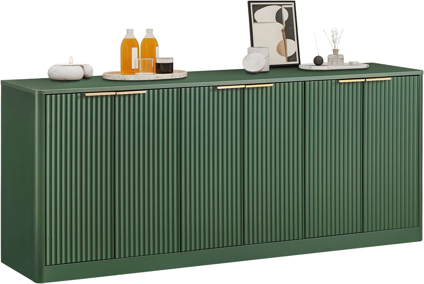 LKTART Sideboard Buffet Cabinet with Storage, 67" Fluted Storage Cabinet with 6 Doors, Wooden Modern Mid Century Accent Sideboard, Floor Cabinet Buffet for Living Room, Kitchen(Green)