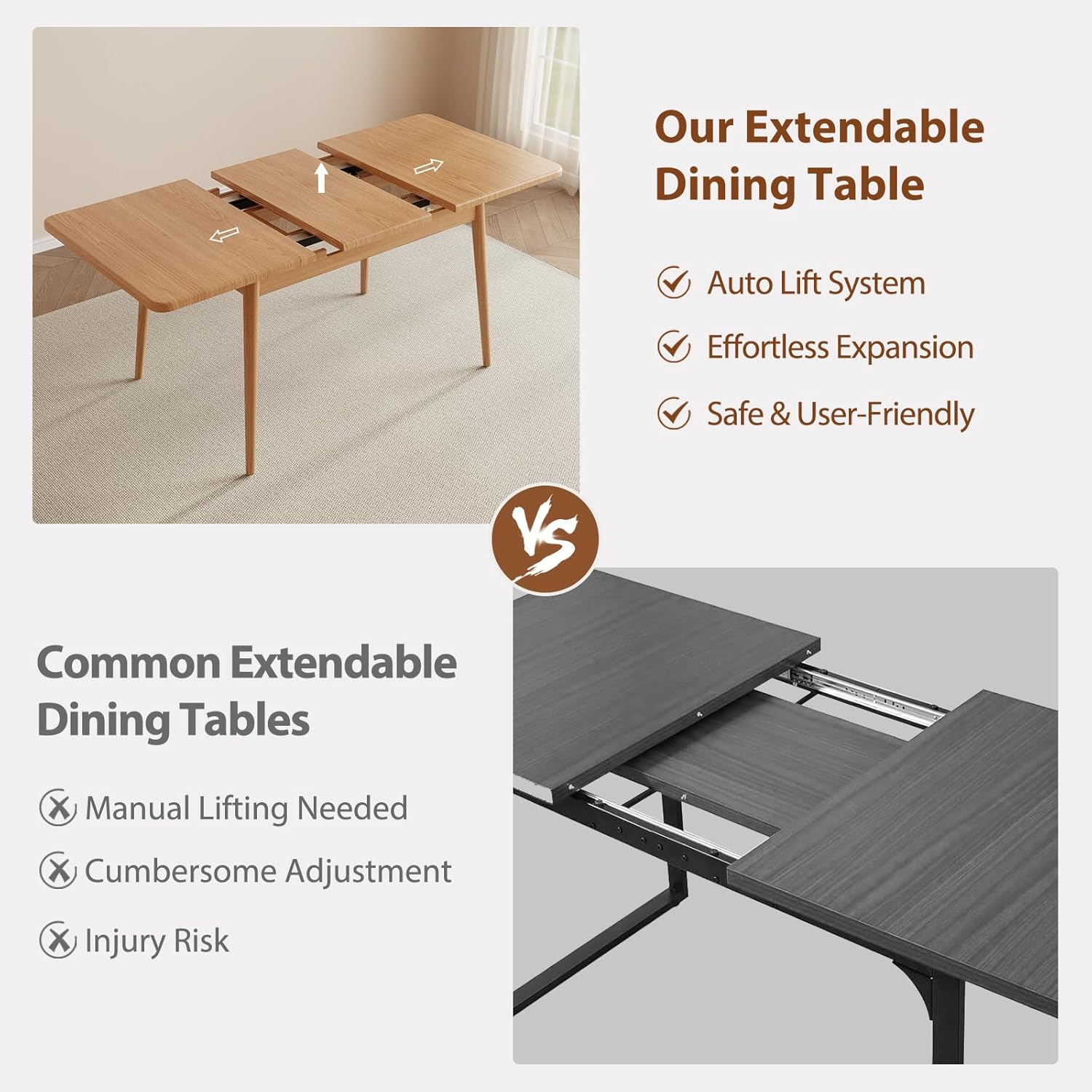 Solid Wood Extendable Dining Table for 4-8 People with Seamless Extension from 47.2 to 63 Inches, Easy Assembly, Expandable Tables for Small Spaces, Dining Room, Kitchen, Living Room, Natural