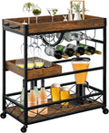 Bar Cart for The Home, 3 Tire Industrial Rolling Serving Cart on Lockable Wheels, Alcoholic Beverage Trolley with 2 Removable Trays, Wine Rack and Glass Holder for Indoor, Outdoor