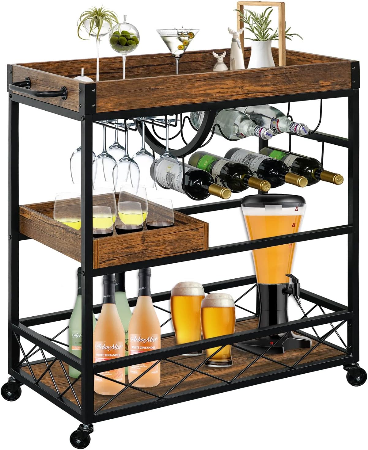 Bar Cart Industrial Mobile Kitchen Serving Carts for Home 3 Tier Storage Trolley with Wine Rack Glasses Holder Two Portable Trays Universal Casters with Brakes Rustic Rolling Cart for Indoor Outdoor