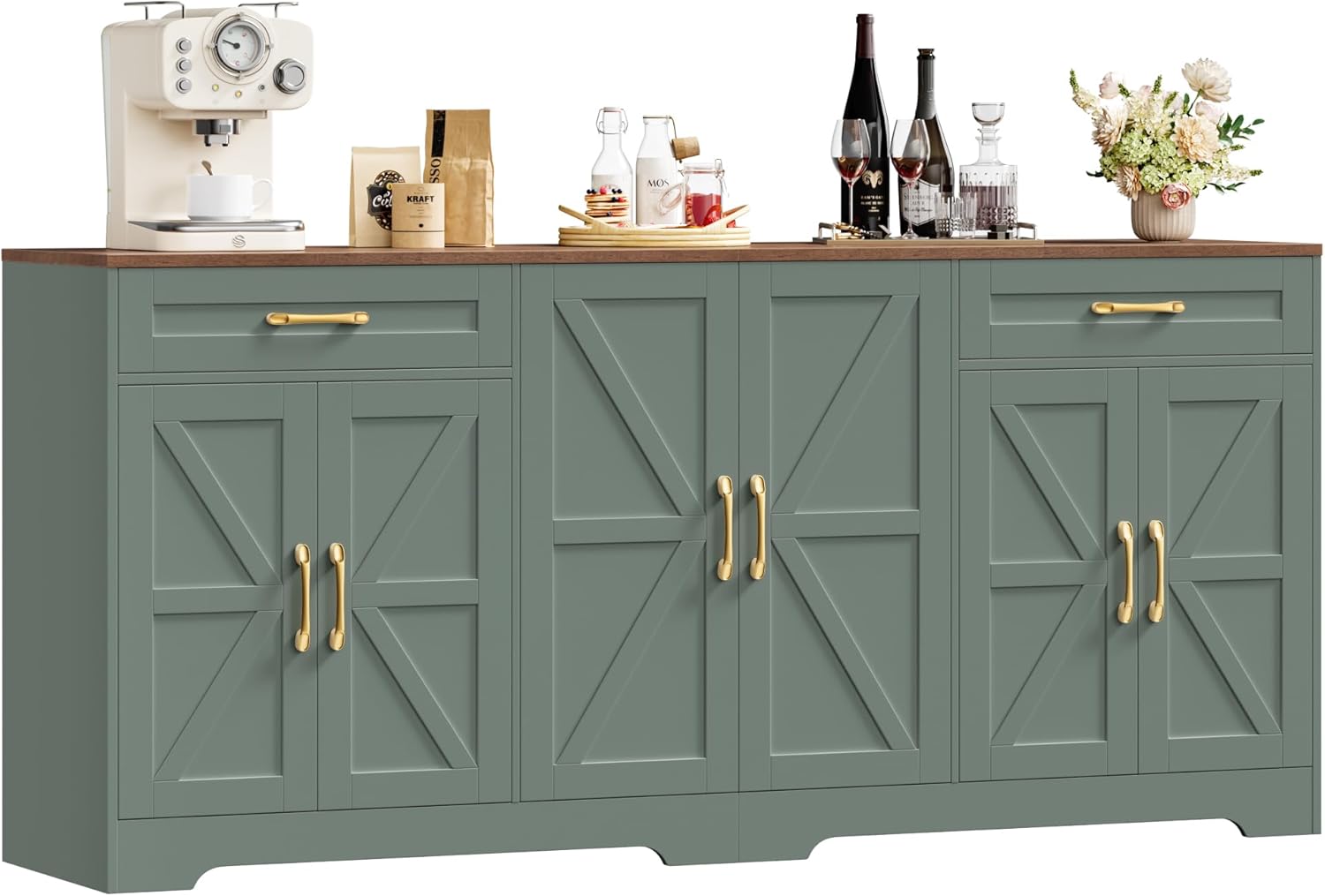 71” Large Sideboard Buffet Cabinet with Storage, Farmhouse Kitchen Buffet Cabinet with Adjustable Shelves and 6 Barn Doors, Wood Coffee Wine Bar Console Table for Kitchen, Dining Room, White