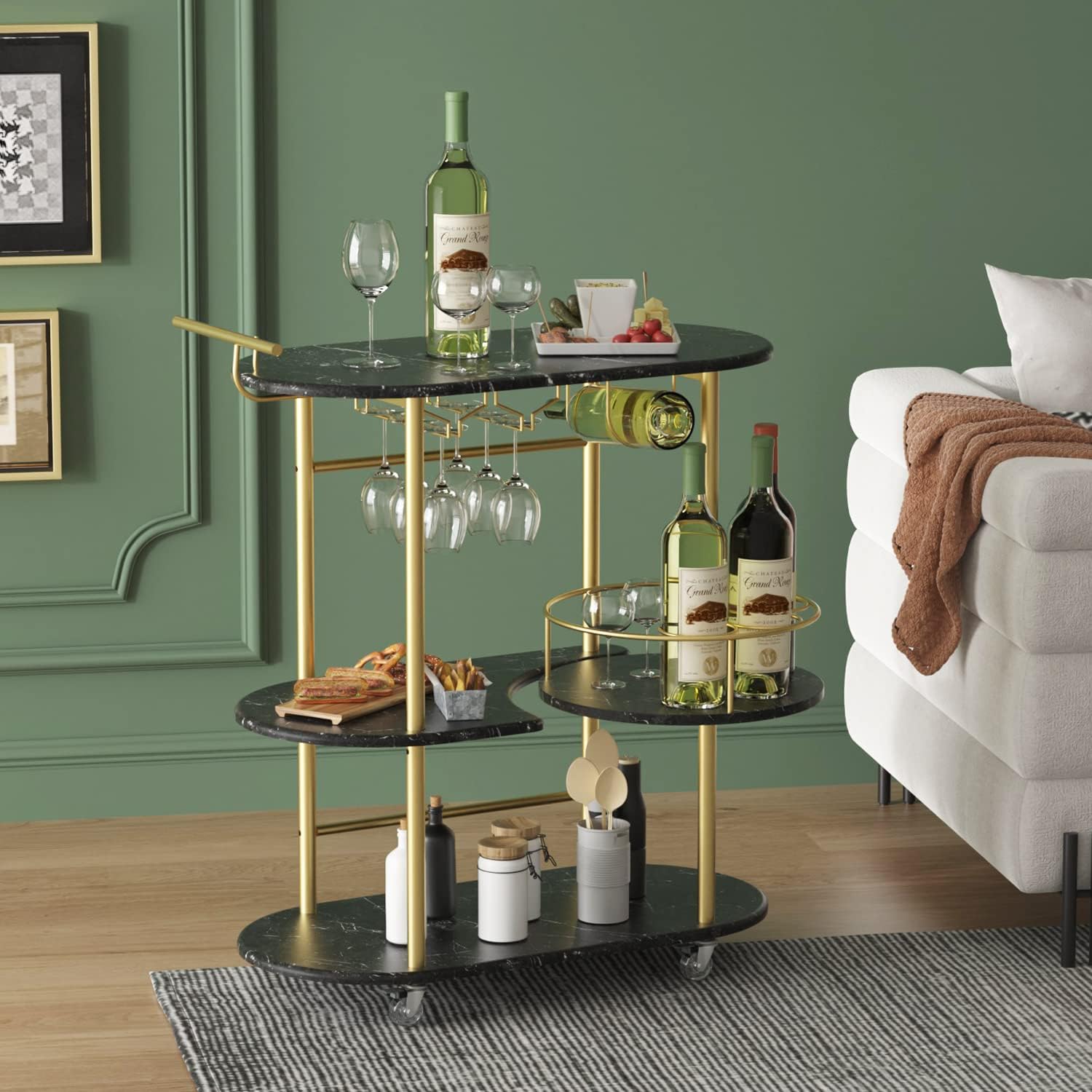 Gold Bar Carts with 4-Tier Storage Shelves, Mobile Bar Serving Cart with Wine Rack and Glass Holder, for The Home, Kitchen, Living Room, Dining Room