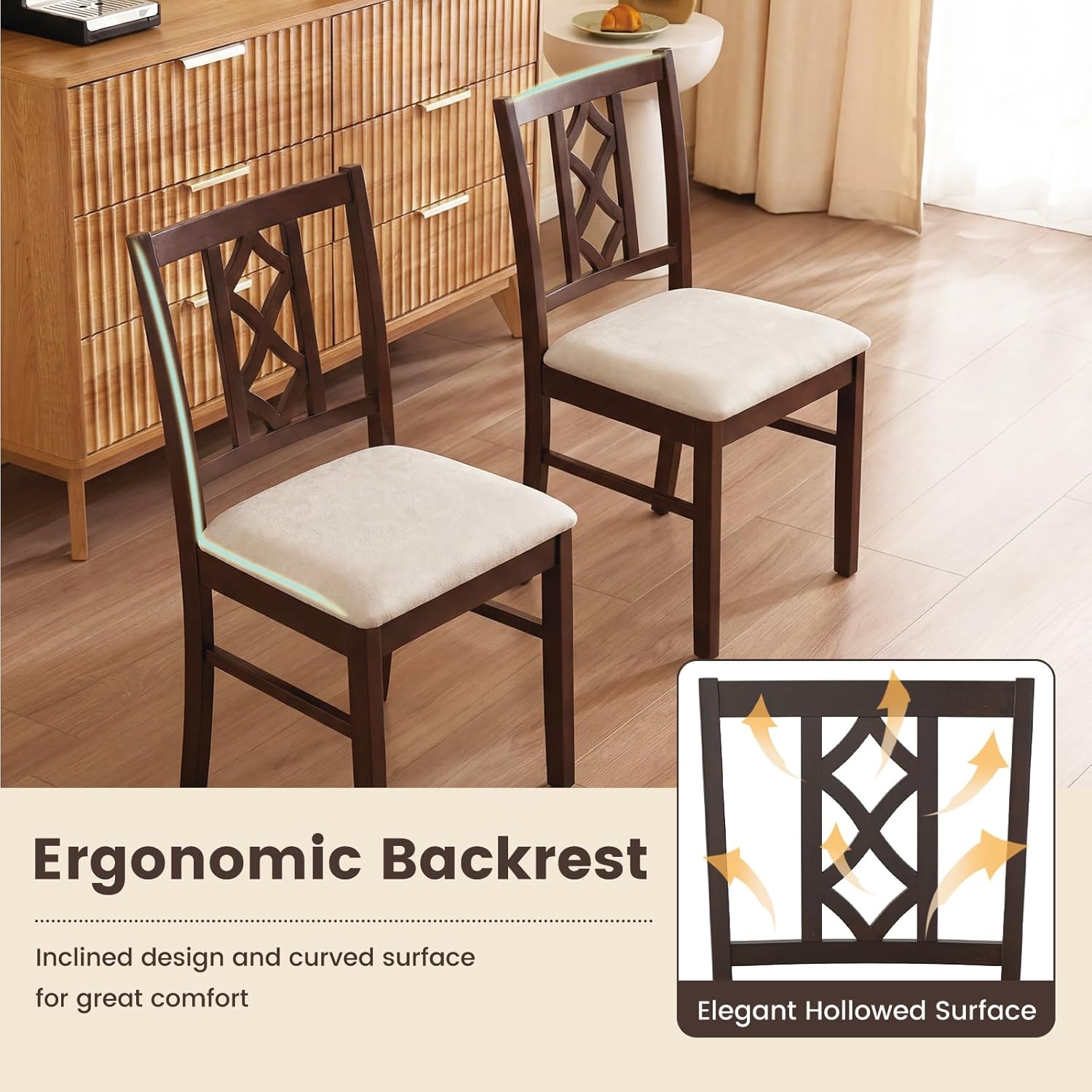 Giantex Dining Chairs Set of 4, Rubber Wood Dining Room Chairs with Hollowed Backrest & Padded Seat, Farmhouse Side Chairs for Living Room Kitchen, Walnut