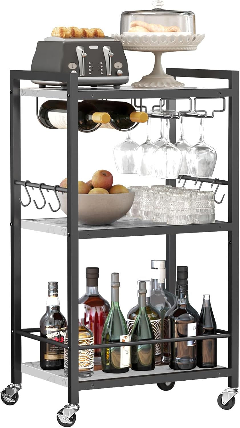 TUTOTAK Bar Cart, Serving Cart for Home, Microwave Cart, Drink Cart, Mobile Kitchen Shelf with Wine Rack and Glass Holder, Rolling Beverage Cart BC01BB030