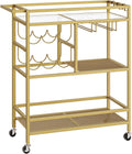 Bar Cart for Home, 3-Tier Serving Cart with Wheels and Handle, Beverage Cart with Wine Rack and Glass Holders, Rolling Wine Cart for Kitchen, Dining Room, Gold RCJ61B01