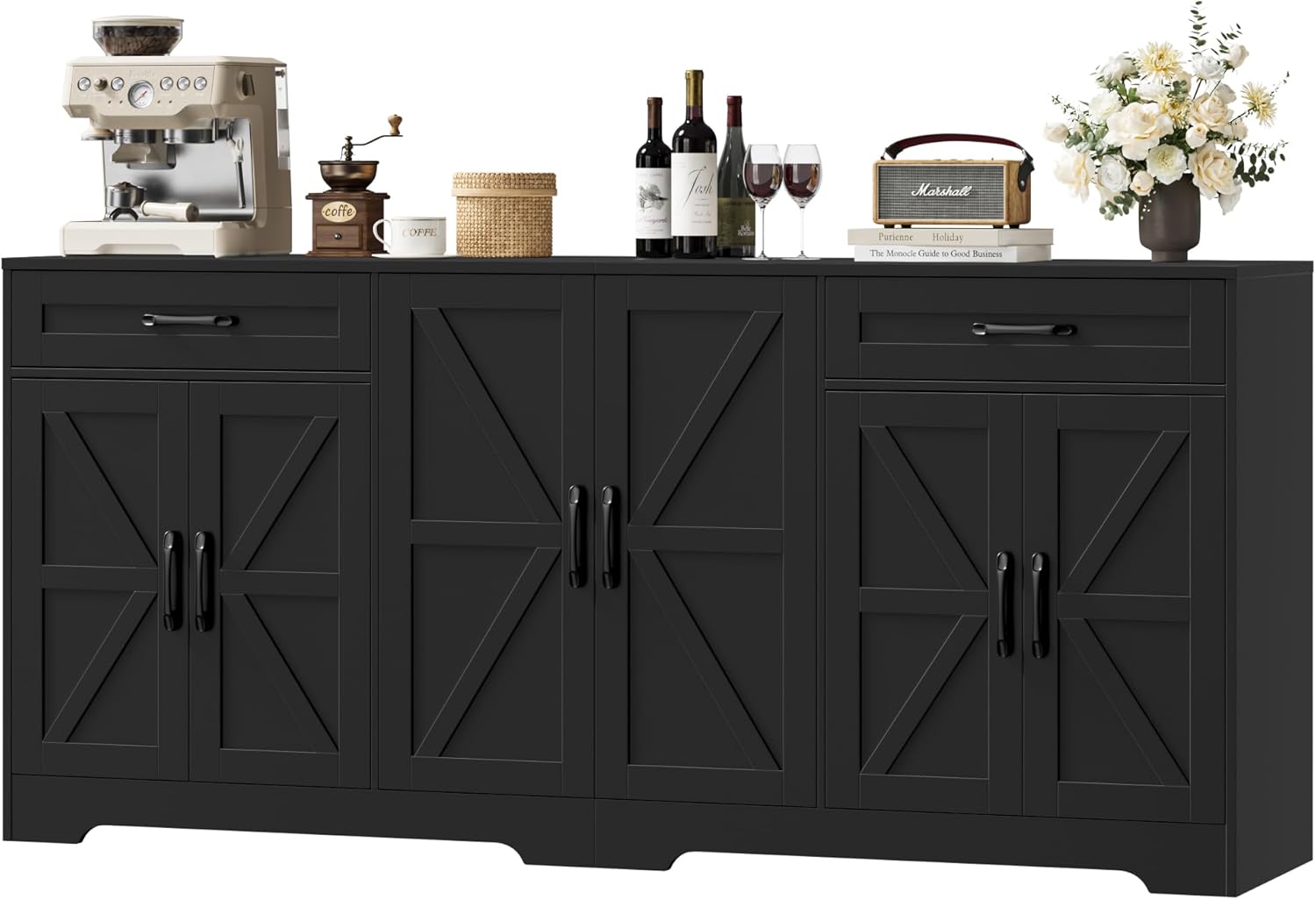 71” Large Sideboard Buffet Cabinet with Storage, Farmhouse Kitchen Buffet Cabinet with Adjustable Shelves and 6 Barn Doors, Wood Coffee Wine Bar Console Table for Kitchen, Dining Room, White