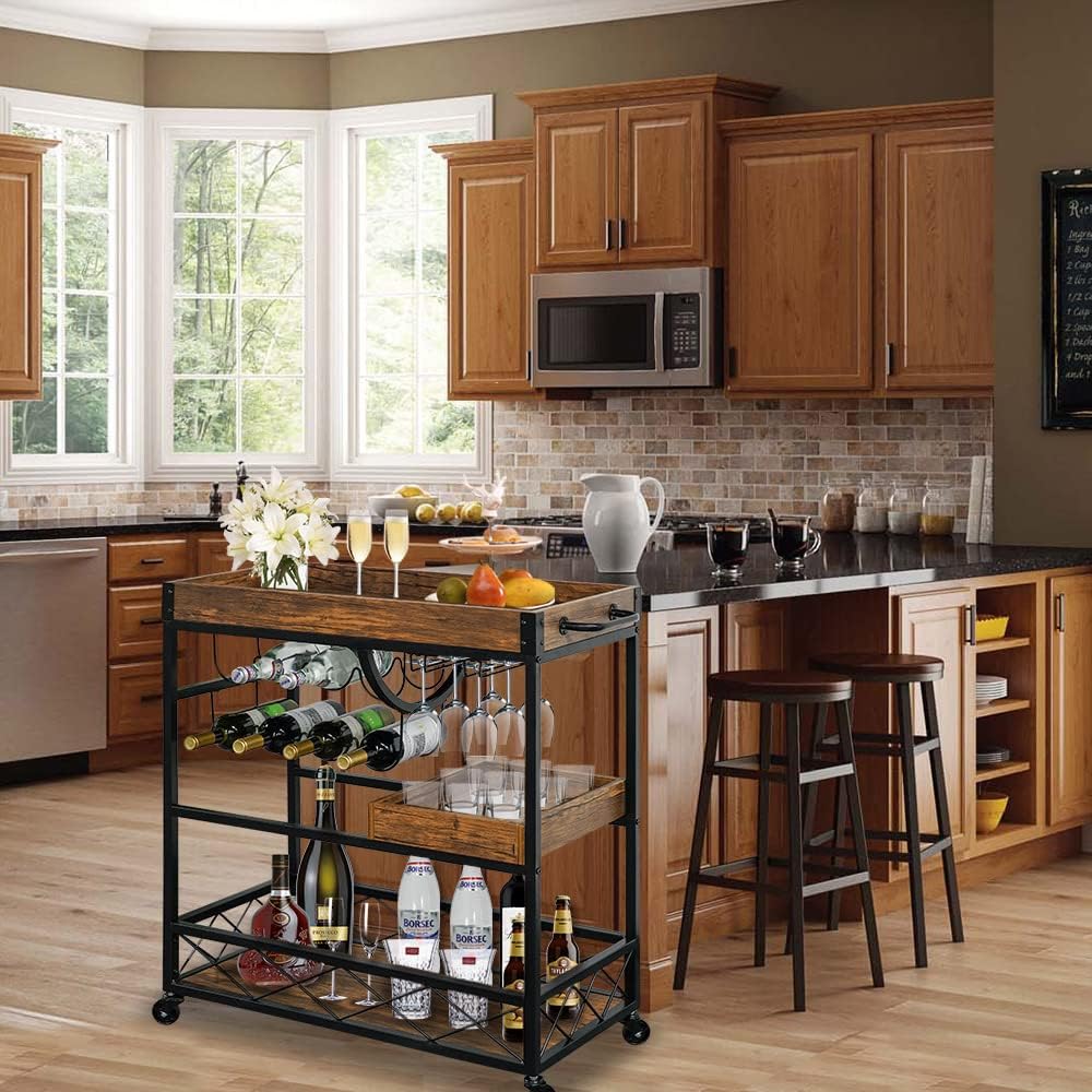 Bar Cart for The Home, 3 Tire Industrial Rolling Serving Cart on Lockable Wheels, Alcoholic Beverage Trolley with 2 Removable Trays, Wine Rack and Glass Holder for Indoor, Outdoor