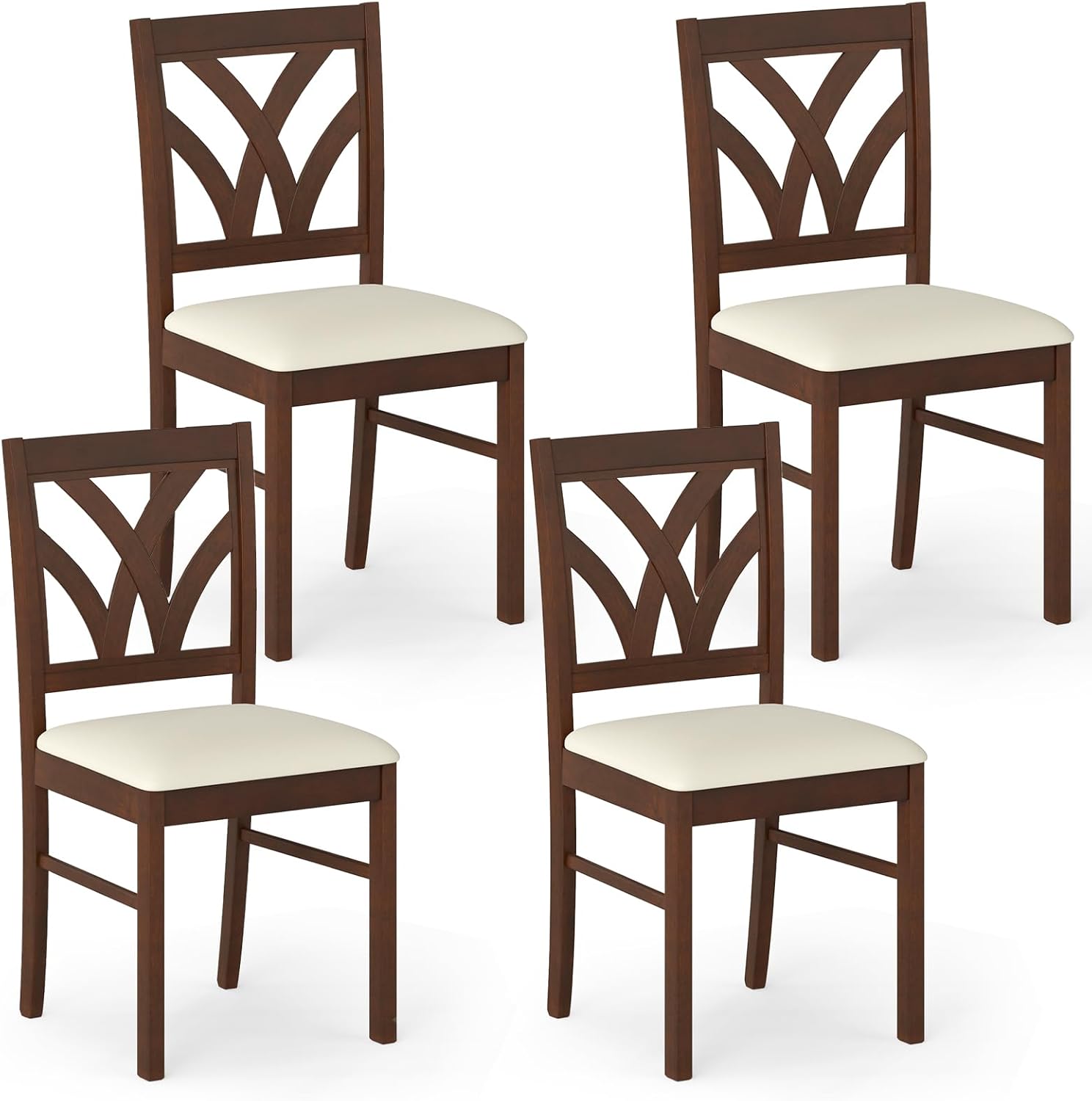 Giantex Wooden Dining Chairs Set of 4, Farmhouse Upholstered Kitchen Chairs with Solid Rubber Wood Frame, Hollowed Backrest & Soft Padded Seat, Armless Accent Side Chairs for Dining Room, Brown