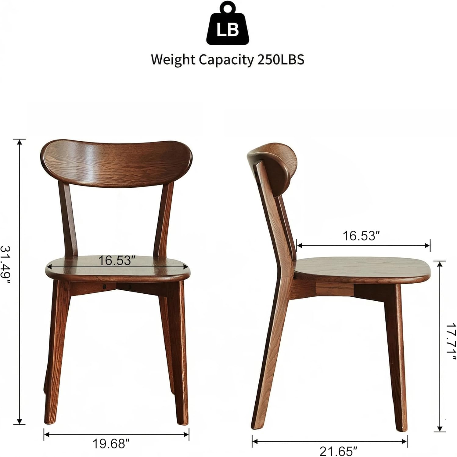 100% Solid Wood Dining Chairs,Mid Century Modern Dining Chairs with Rounded Backrest,Kitchen,Dining Room Chairs Set of 1/2/4 (4, Walnut Color)