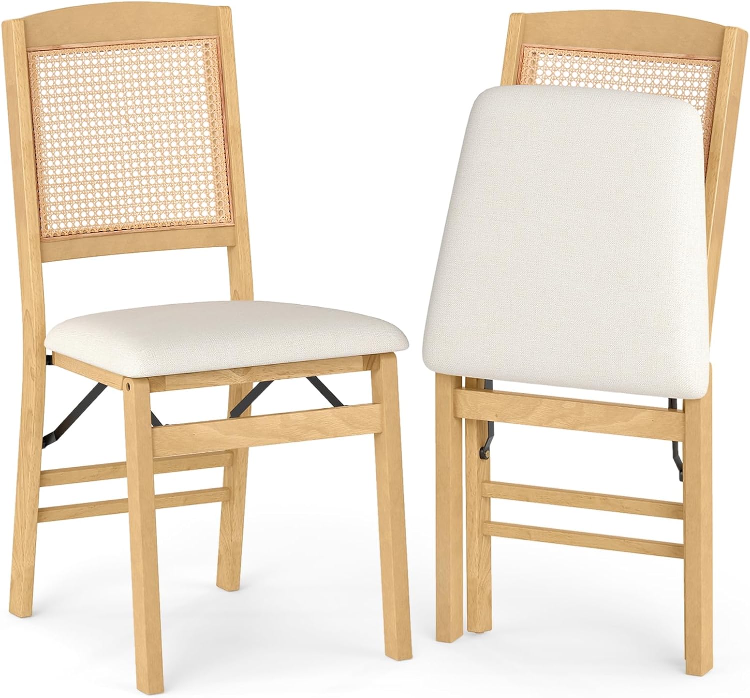 KOTEK Folding Dining Chairs Set of 4, Wooden Kitchen Chairs with Padded Seat & Rattan Backrest, Foldable Armless Side Chairs for Dining Room, Living Room (Espresso & Beige)