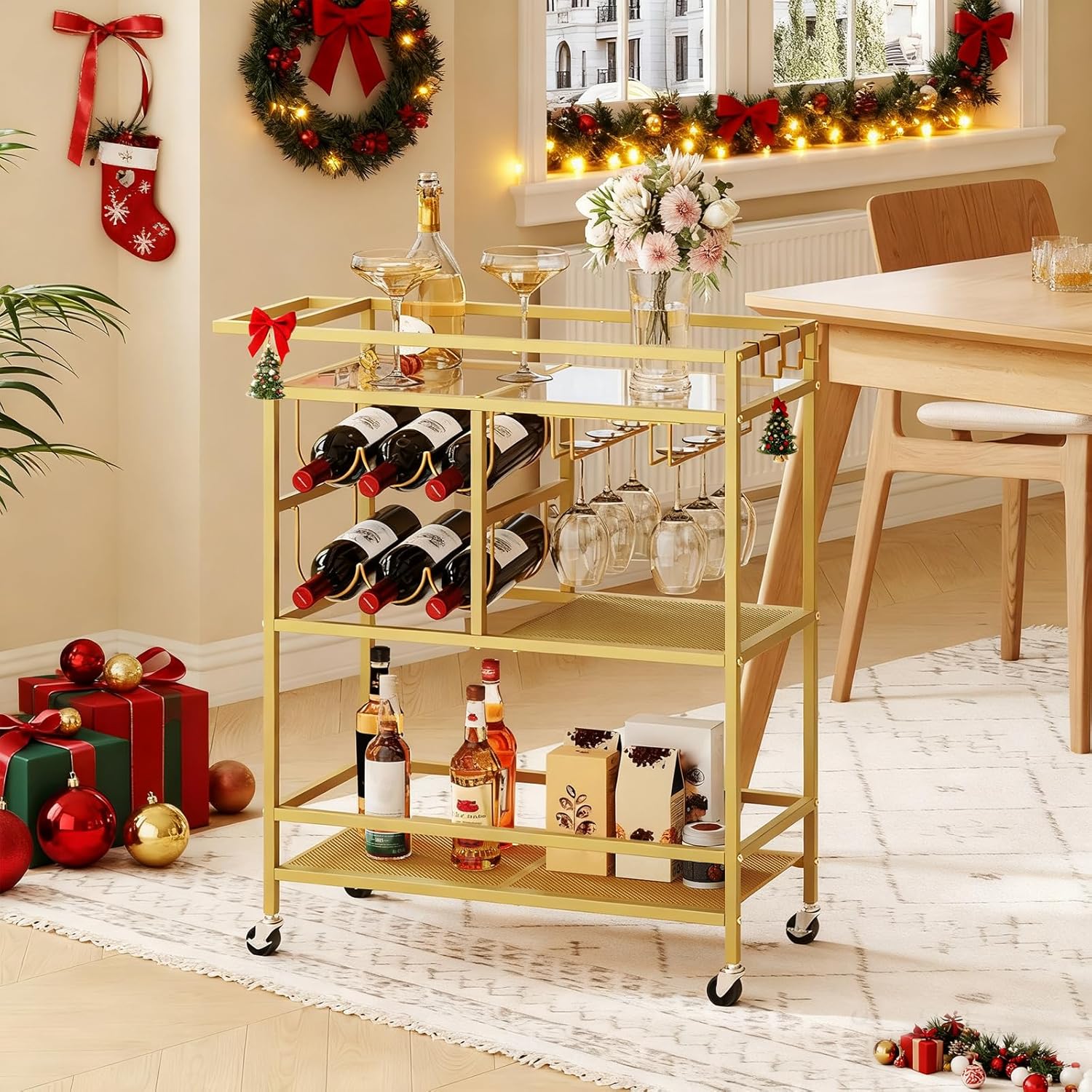 Bar Cart for Home, 3-Tier Serving Cart with Wheels and Handle, Beverage Cart with Wine Rack and Glass Holders, Rolling Wine Cart for Kitchen, Dining Room, Gold RCJ61B01