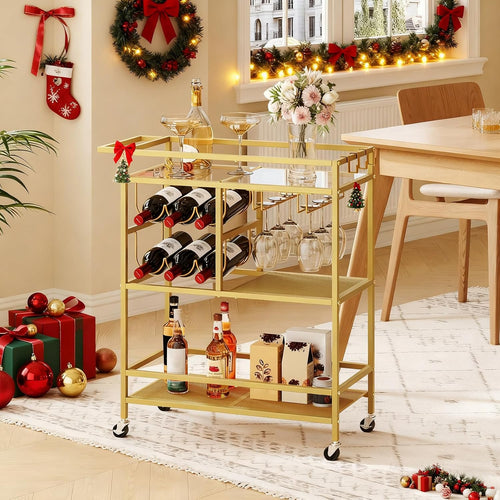 Bar Cart for Home, 3-Tier Serving Cart with Wheels and Handle, Beverage Cart with Wine Rack and Glass Holders, Rolling Wine Cart for Kitchen, Dining Room, Gold RCJ61B01