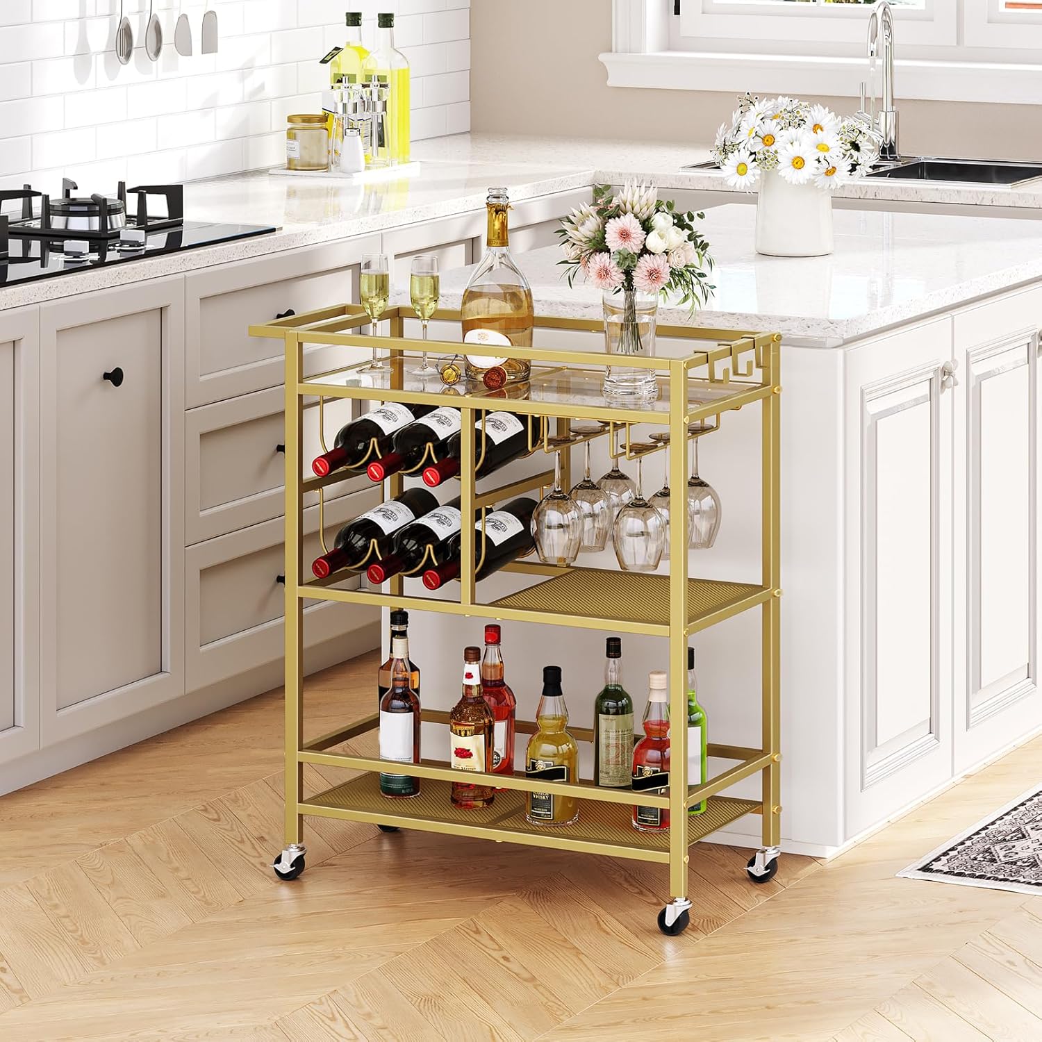 Bar Cart for Home, 3-Tier Serving Cart with Wheels and Handle, Beverage Cart with Wine Rack and Glass Holders, Rolling Wine Cart for Kitchen, Dining Room, Gold RCJ61B01