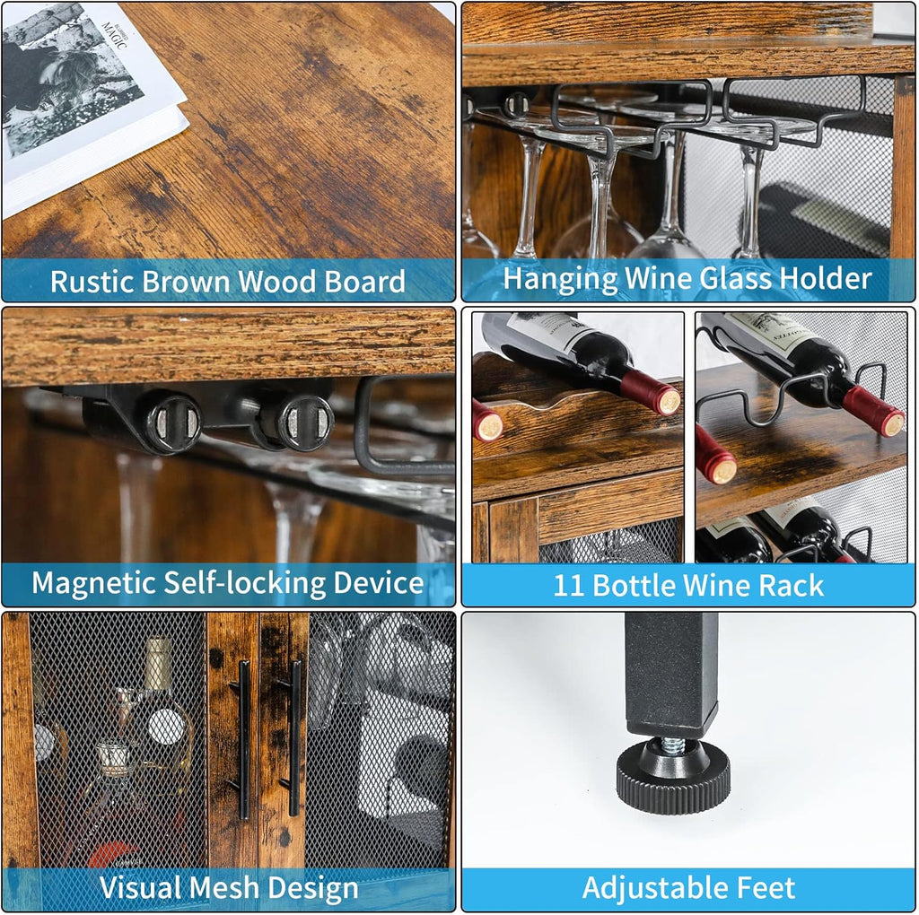 X-cosrack Wine Bar Rack Cabinet with Detachable Wine Rack, Coffee Bar Cabinet with Glass Holder, Small Sideboard and Buffet Cabinet with Mesh Door, Rustic Brown, Large