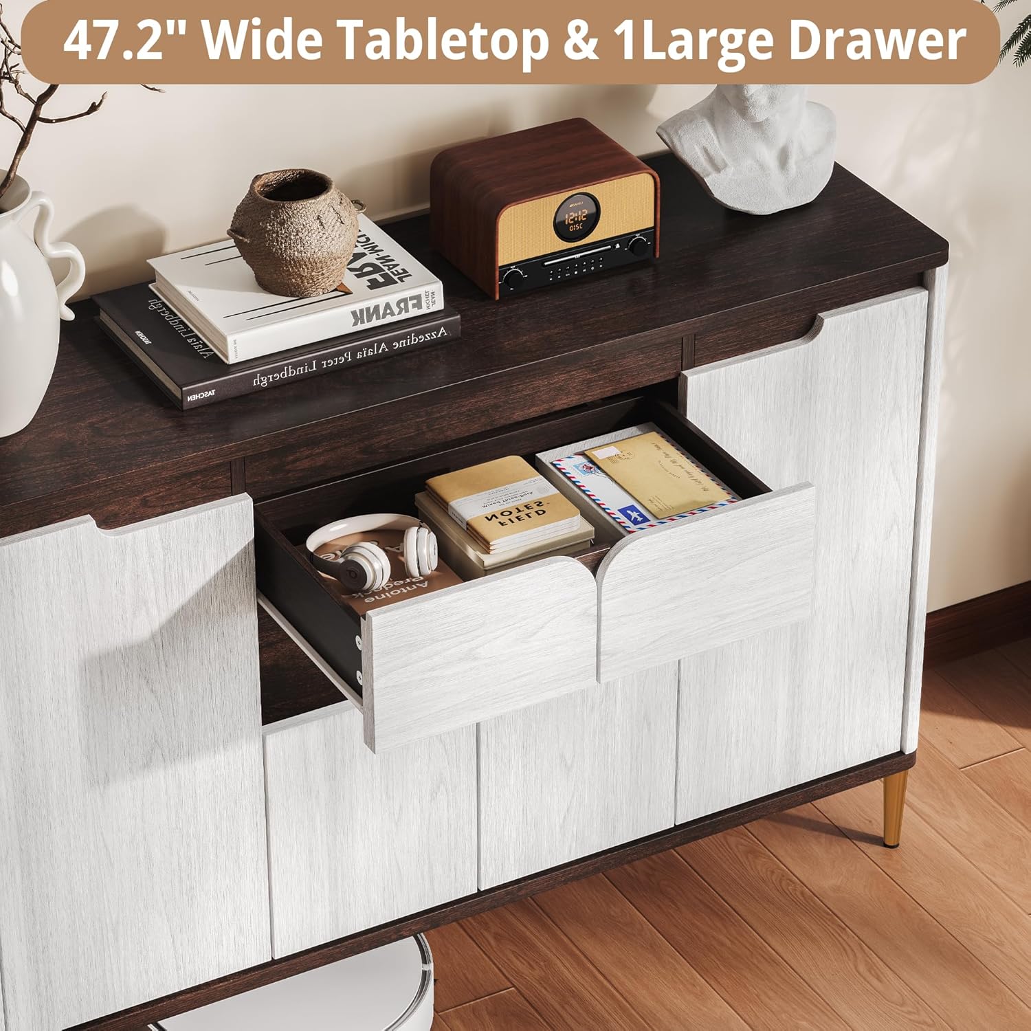 LIKIMIO Sideboard Buffet Cabinet with Storage, Mid-Century Modern Coffee Bar with Drawer, Adjustable Shelves and Doors, Wood Storage Cabinet for Kitchen or Entryway