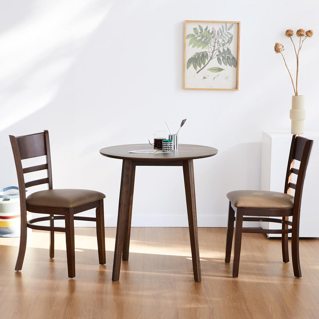 Livinia Cabin Dining Chair Set of 2, Solid Malaysian Oak PU Leather Upholstered Cushion Seat Wooden Ladder Back Side Chairs (Walnut) Assembly Required