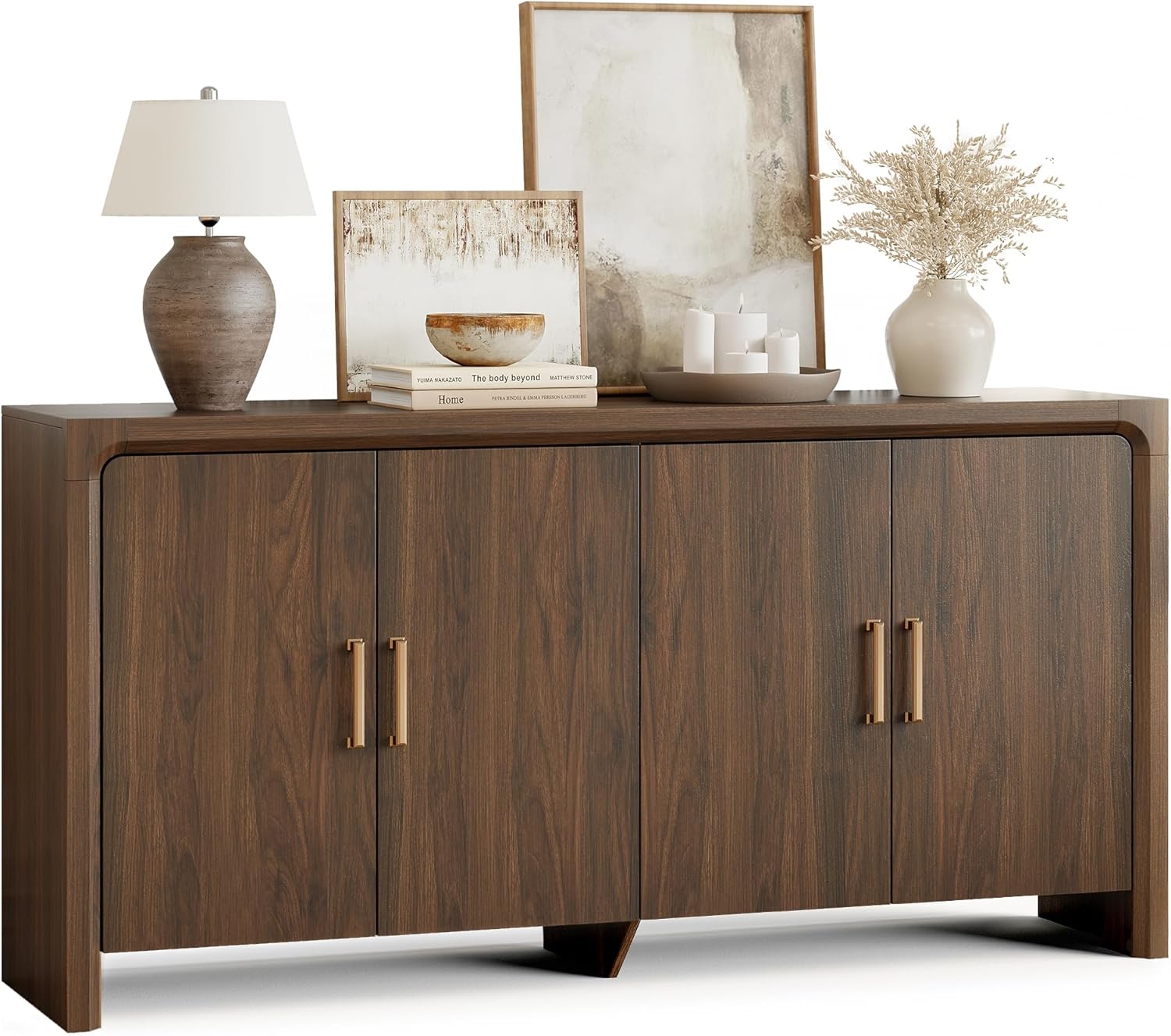 ONBRILL 63" Buffet Cabinet with 4 Doors and Adjustable Shelves, Sideboard Buffet Cabinet with Storage, Wood Kitchen Console Table, Modern Coffee Bar for Kitchen, Living Room, Hallway (Walnut)