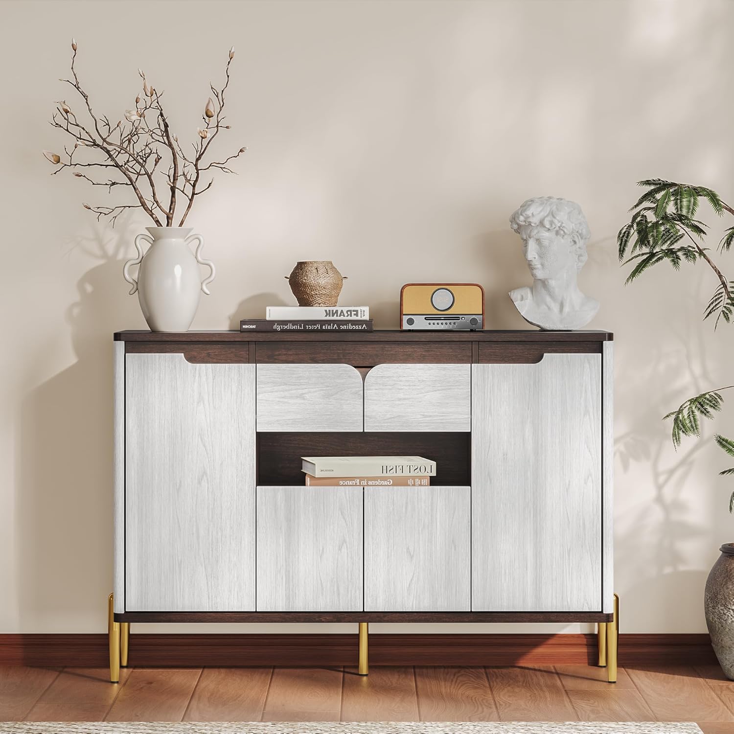 LIKIMIO Sideboard Buffet Cabinet with Storage, Mid-Century Modern Coffee Bar with Drawer, Adjustable Shelves and Doors, Wood Storage Cabinet for Kitchen or Entryway
